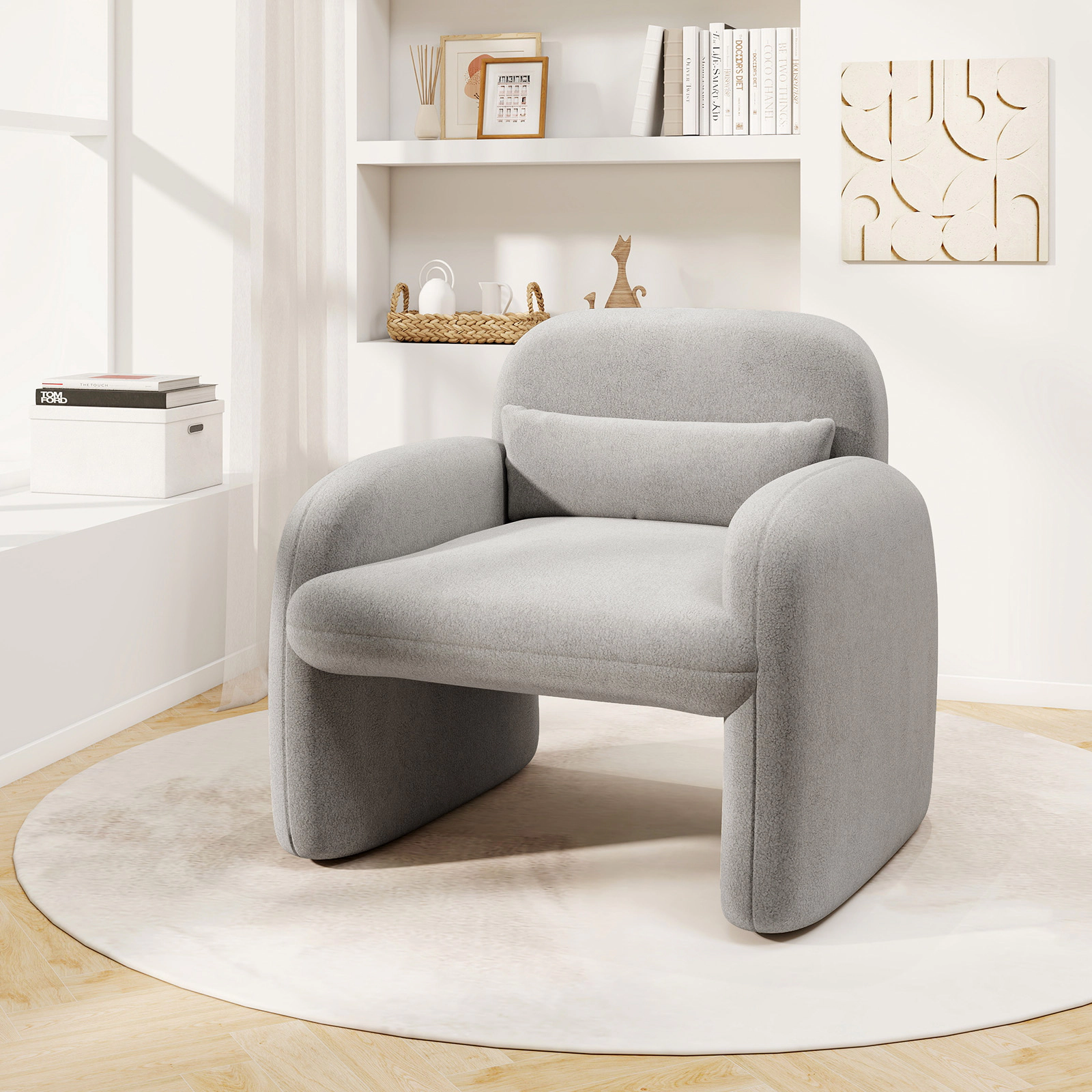 SUGIFT Modern Gray Sherpa Accent Chair, Oversized Armchair with 23-in Seat and Lumbar Pillow