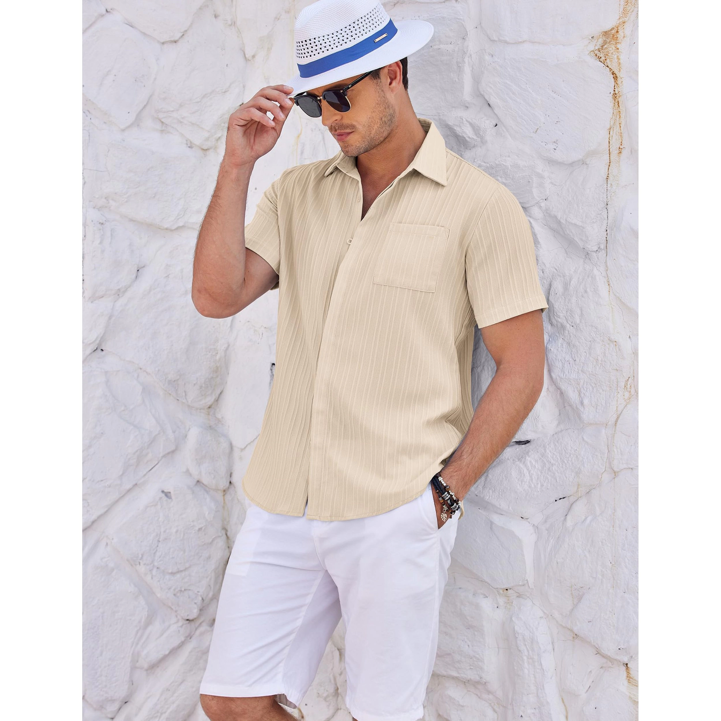 COOFANDY Men's Regular Fit Textured Short Sleeve Camp Shirt