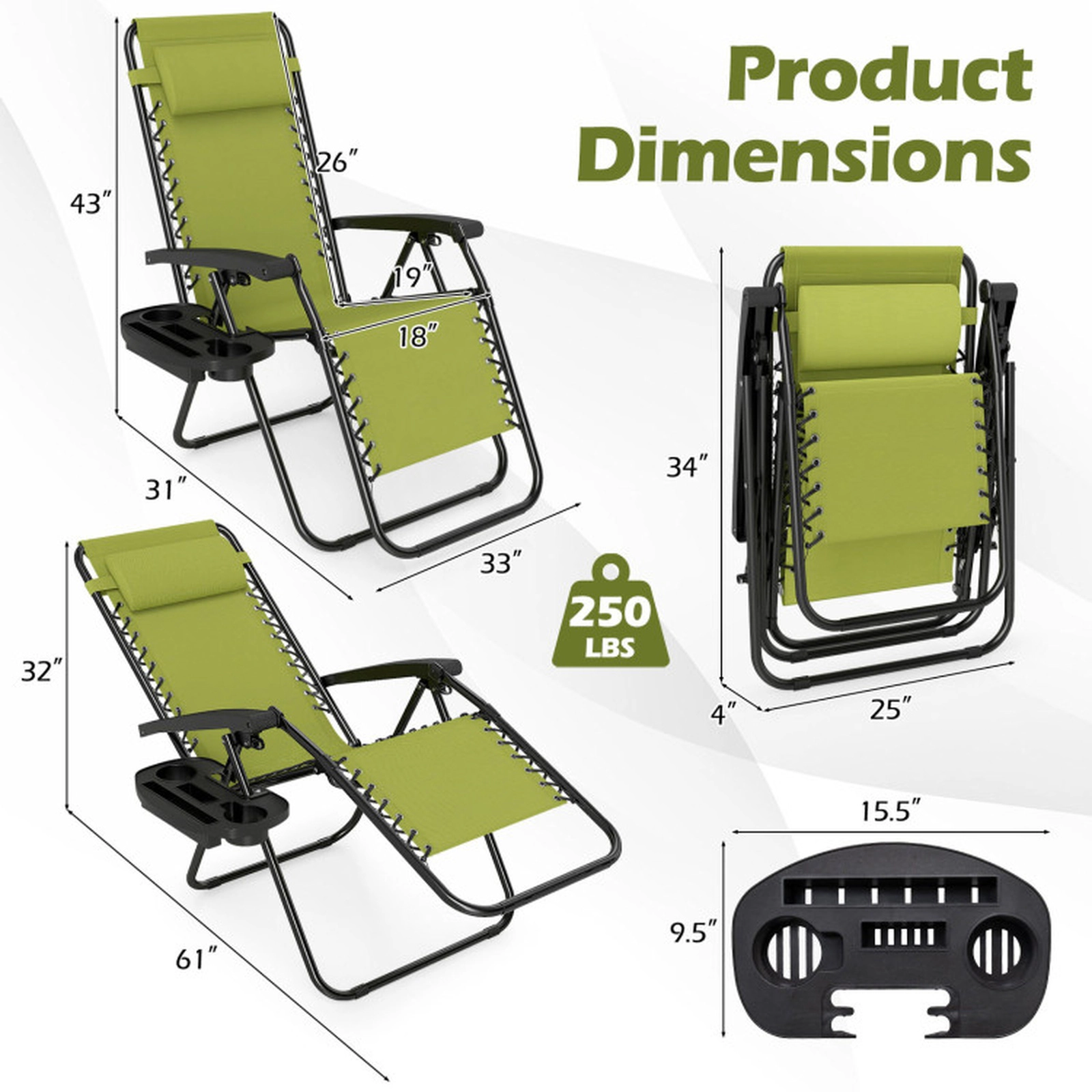 SUGIFT Portable Zero Gravity Recliner Chair with Side Tray 250-lb Capacity Green