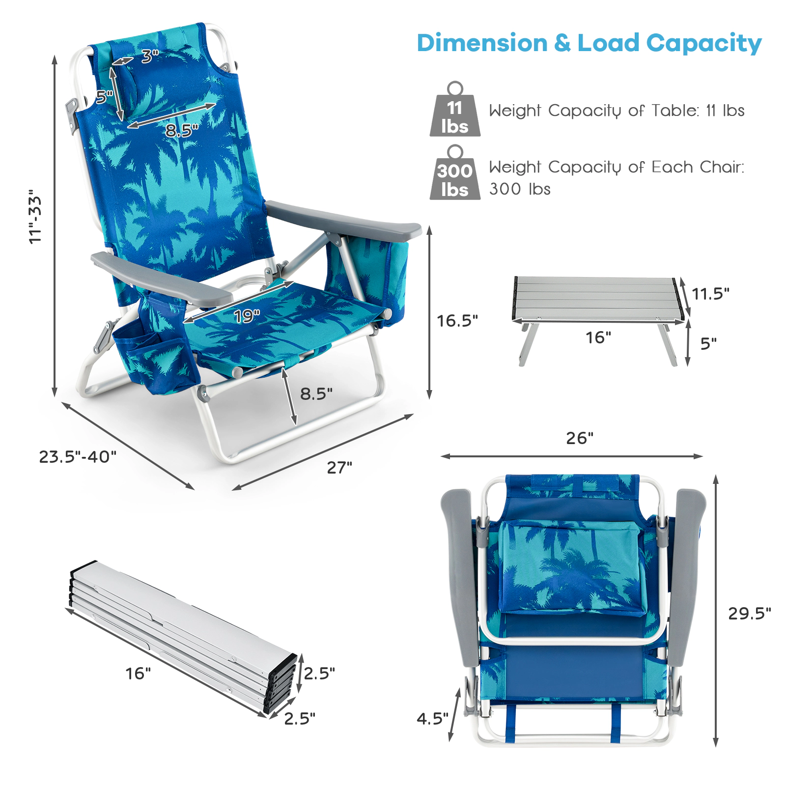 SUGIFT 2 Packs 5-Position Reclining Backpack Beach Chairs Side Table 27-in x 23.5-in x 33-in 330-lb Capacity Navy