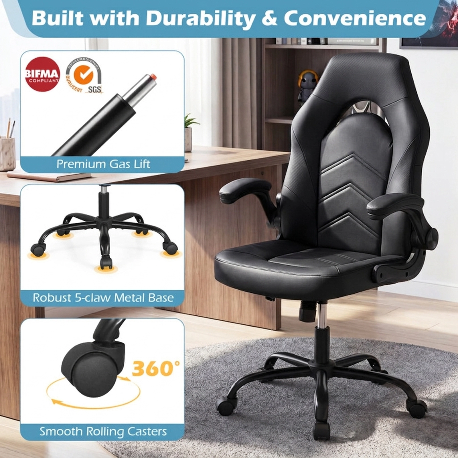 SUGIFT 300-lb Capacity Black PU Leather Ergonomic Swivel Computer Desk Chair with Flip-up Armrests
