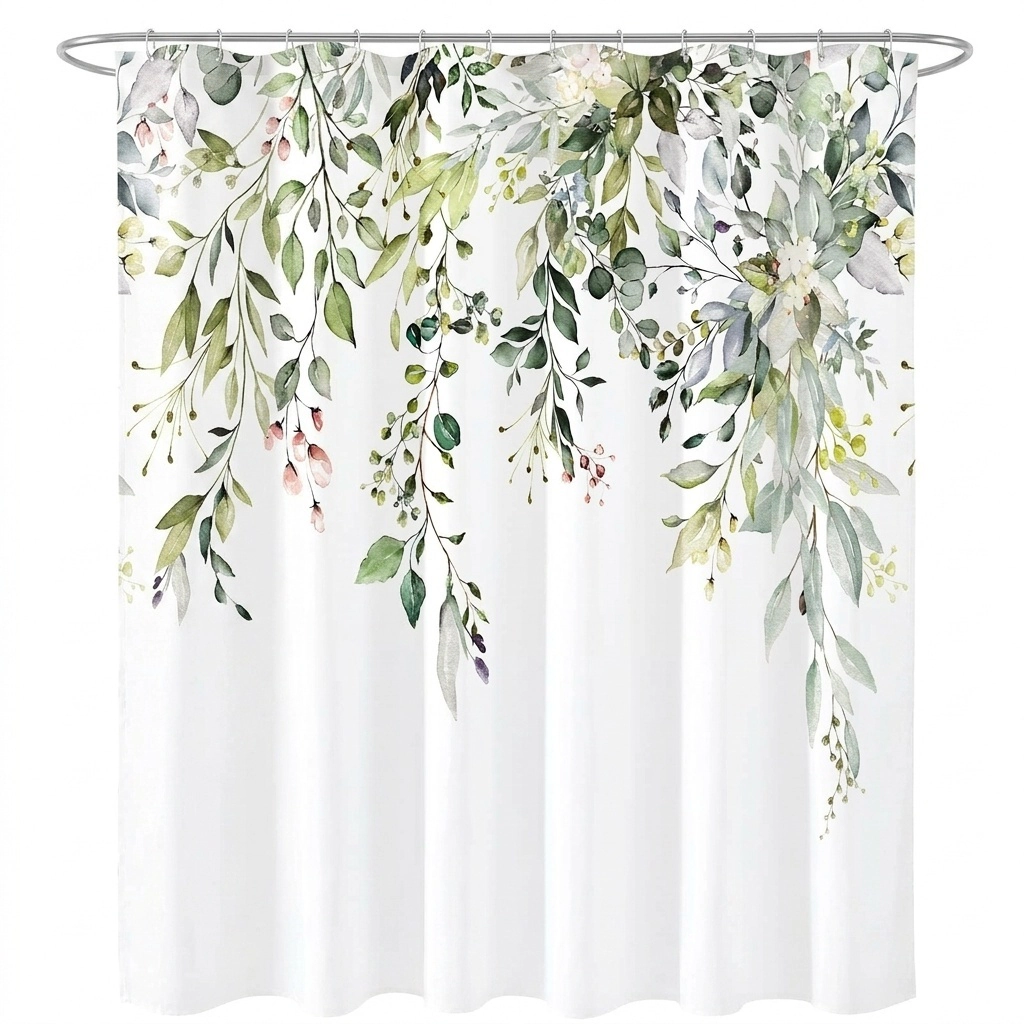 WZK Watercolor Eucalyptus Leaves Waterproof Fabric Rustproof Grommets Machine Washable Bathroom Shower Curtain
