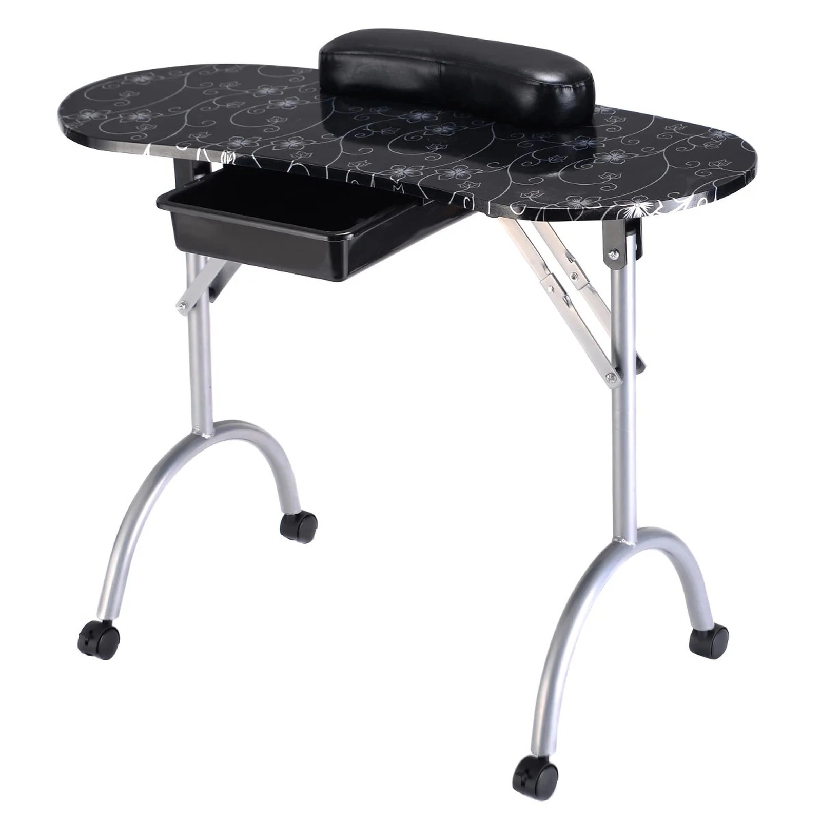 SUGIFT Folding Storage Drawer Wrist Cushion 4 Lockable Casters Manicure Nail Desk 35.5-in x 14.5-in x 27-in Black