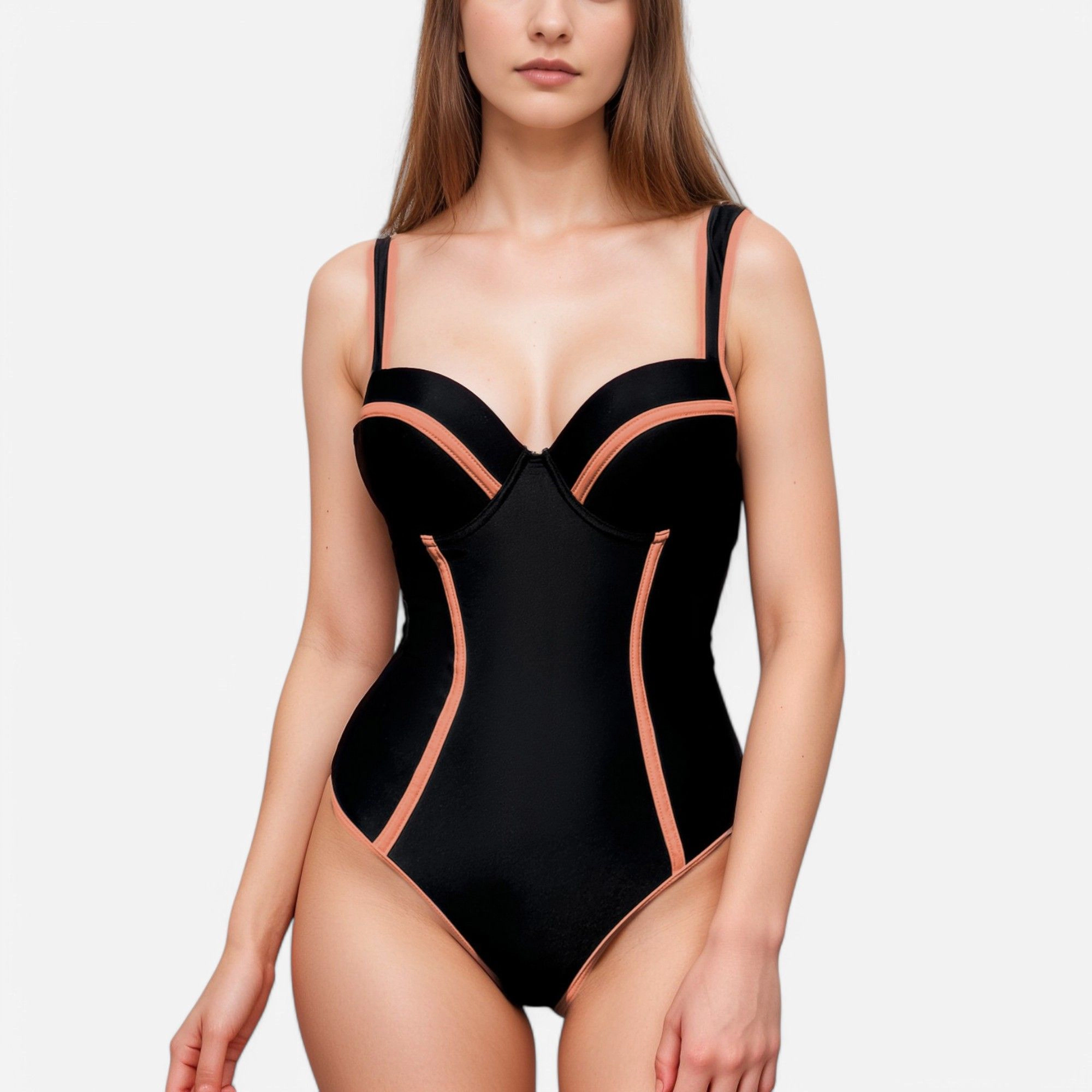 Anna-Kaci Women One Piece Swimsuit - Colorblock Piping, Molded Underwire Cups