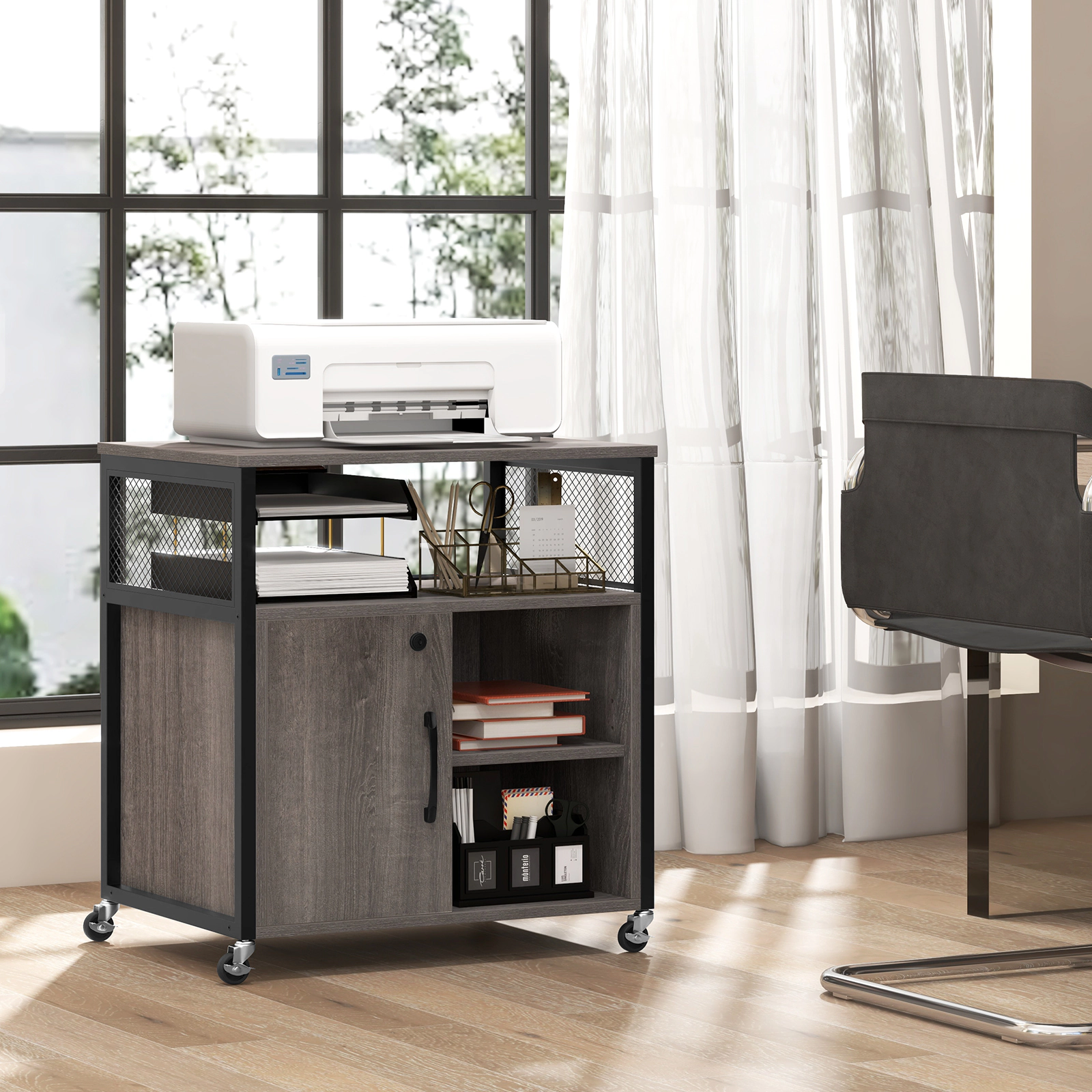 SUGIFT Mobile File Cabinet with Charging Station, Lockable Cabinet and Adjustable Shelves 230-lb Capacity Gray