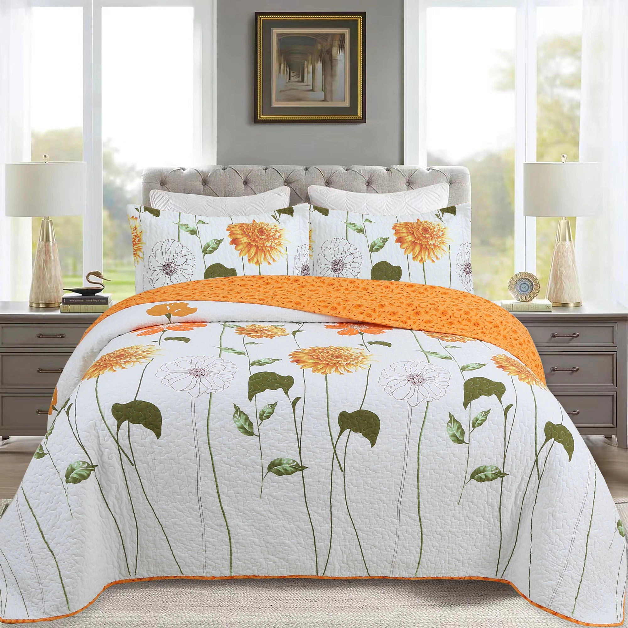 MarCielo 3 Piece Cotton Botanical Floral Quilt Set – Lightweight Reversible Bedspread Set