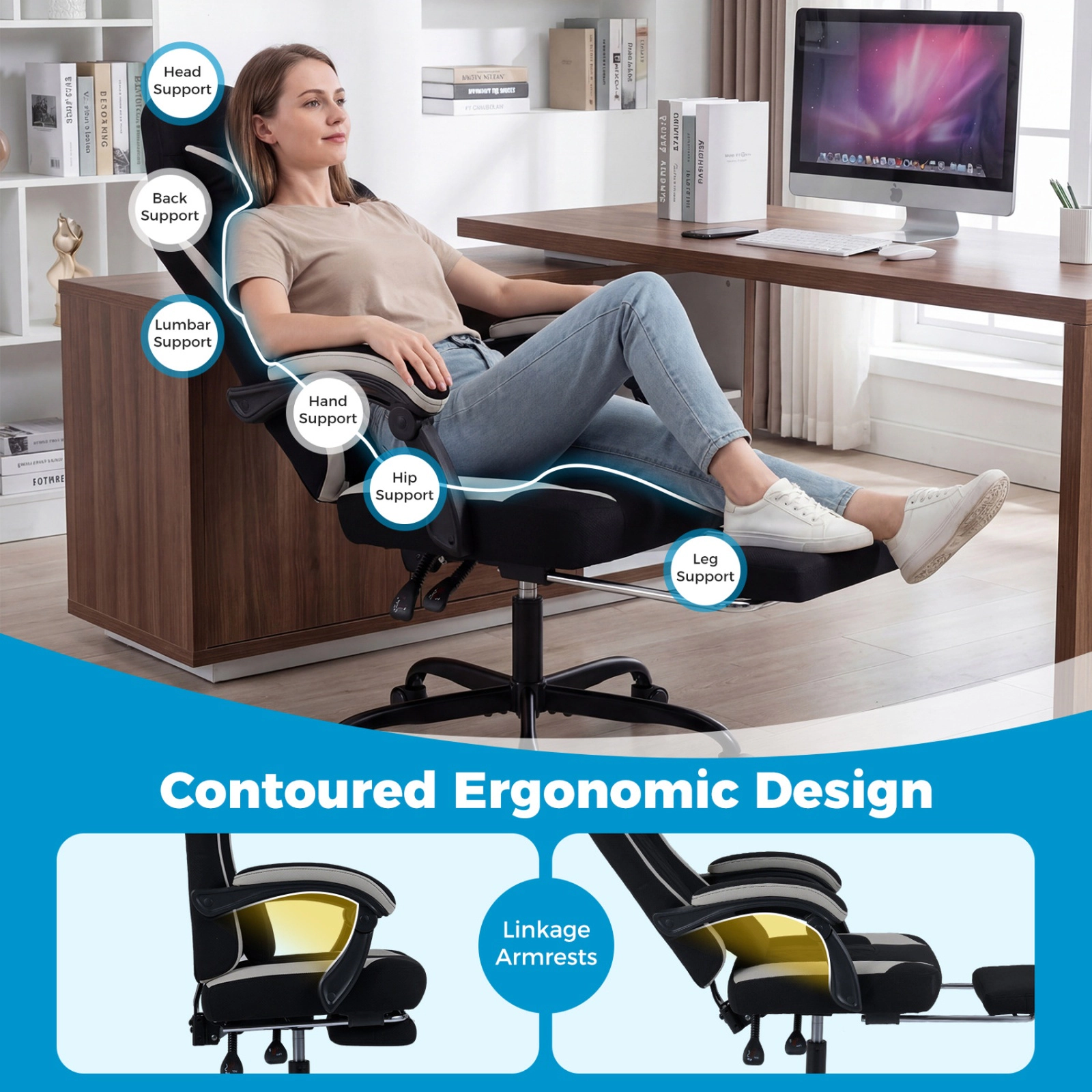 SUGIFT Gaming Chair Black Height Adjustable with Headrest Retractable Footrest and Swivel Seat