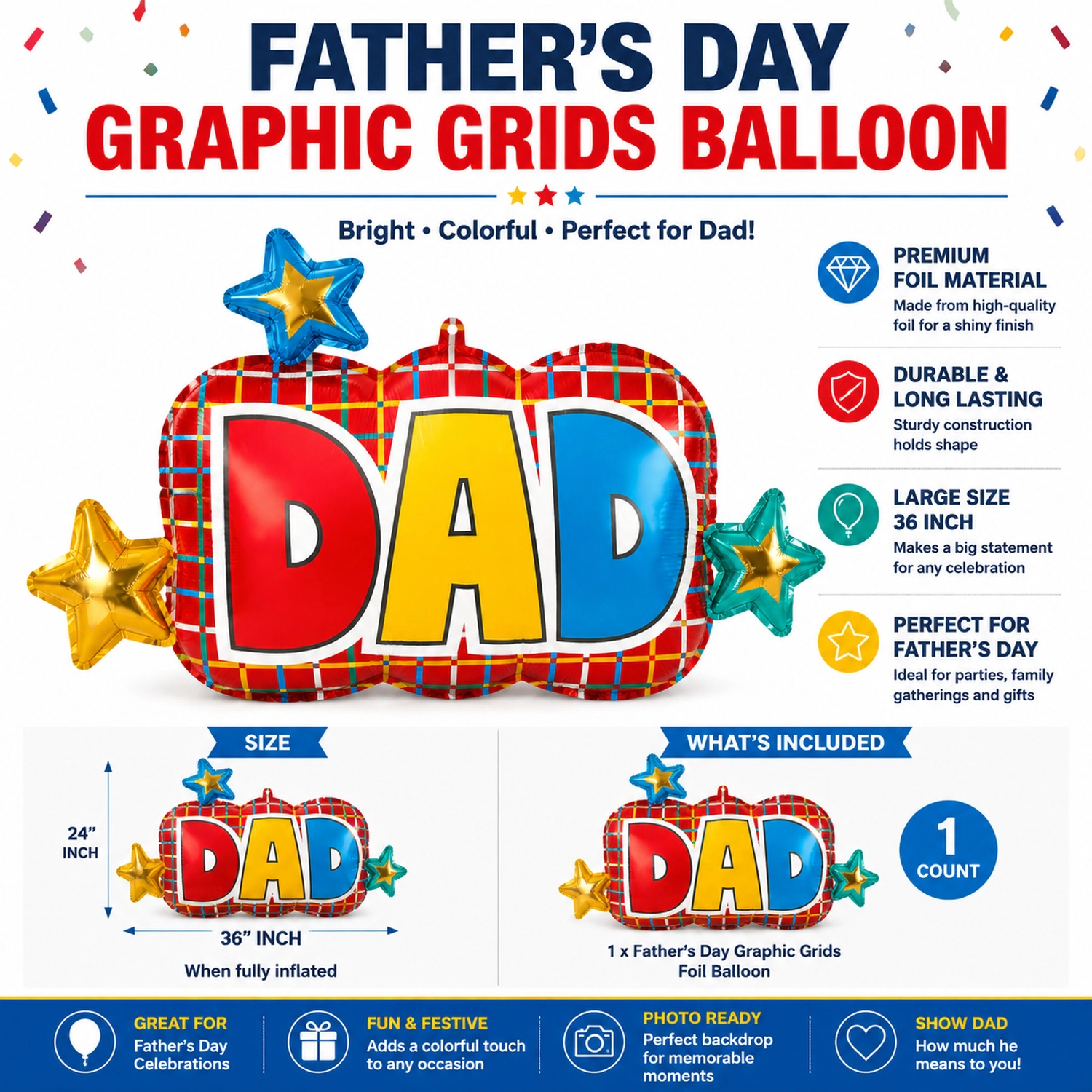 LoonBalloon Father's Day 36-Inch Multicolor Graphic Grid Balloon