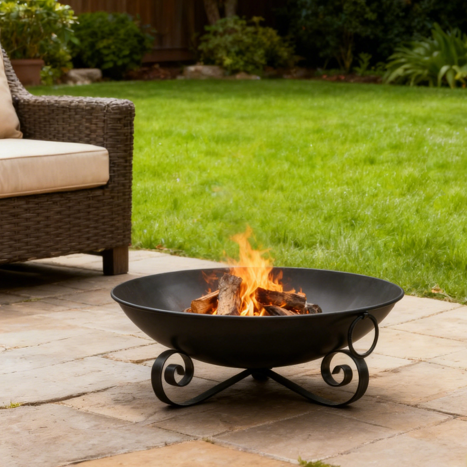 SUGIFT 24 Inch Metal Fire Pit Bowl Black Outdoor Wood-Burning Firepit with Handles