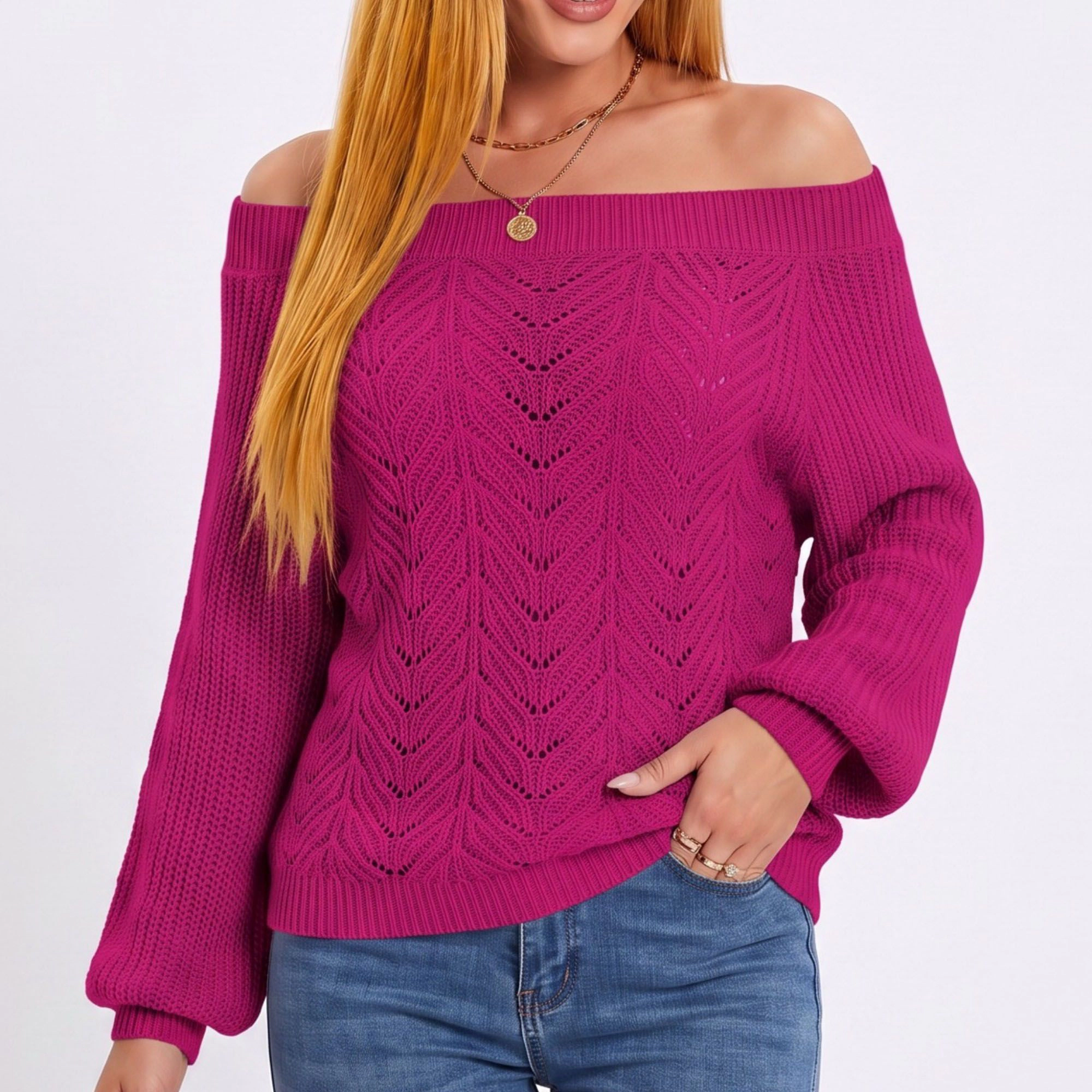 Anna-Kaci Women's Off Shoulder Pointelle Knit Long Sleeve Sweater