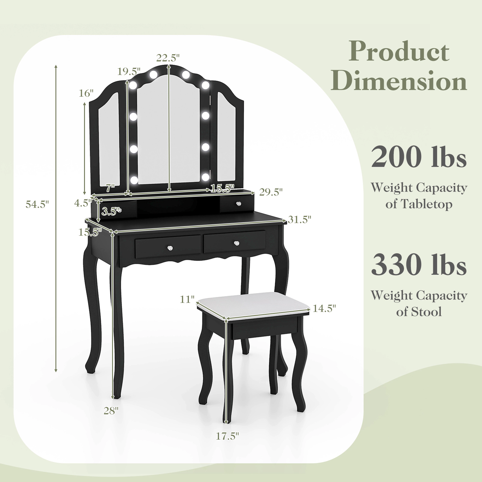 SUGIFT Lighted Tri-Folding Mirror Makeup Vanity Table Set with Drawers & Cushioned Stool 200-lb Tabletop Capacity 330-lb