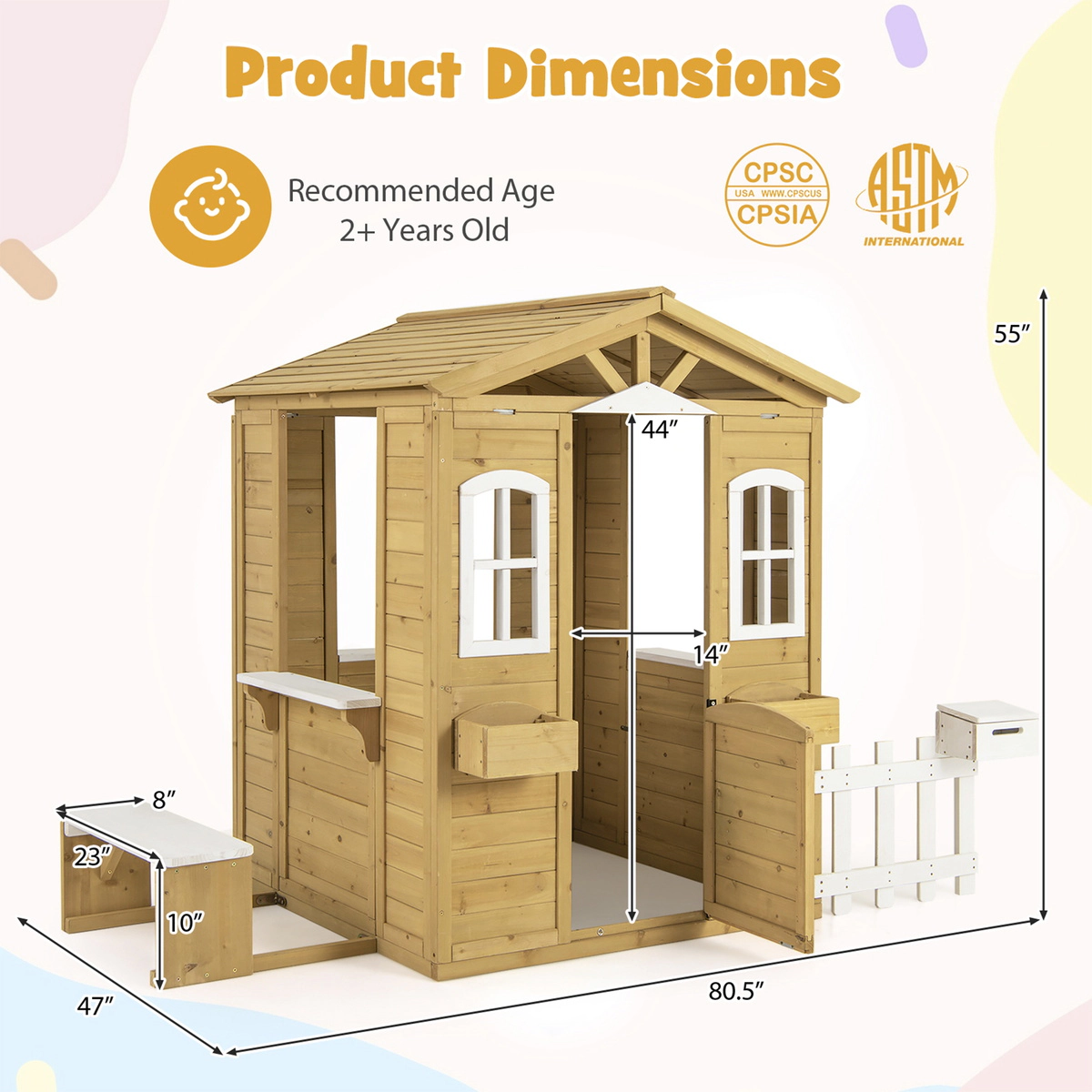 SUGIFT Natural Bench Serving Window and Mailbox for Ages 2 and Up Wooden Kids Playhouse