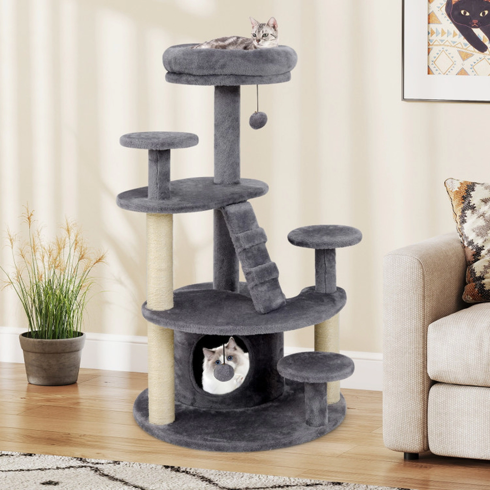 SUGIFT Multi-Level Kitty Tower Cat Tree with Condo, Climbing Ladder and Pompom Toys 33-lb Capacity Beige/Gray