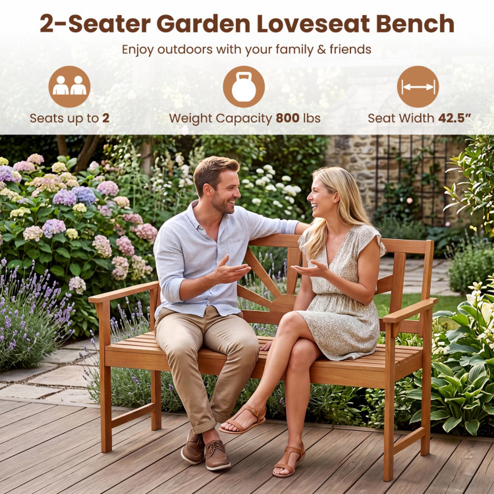 SUGIFT 47-Inch Natural Acacia Wood Outdoor Bench, 2-Seat, 800-Lb Capacity