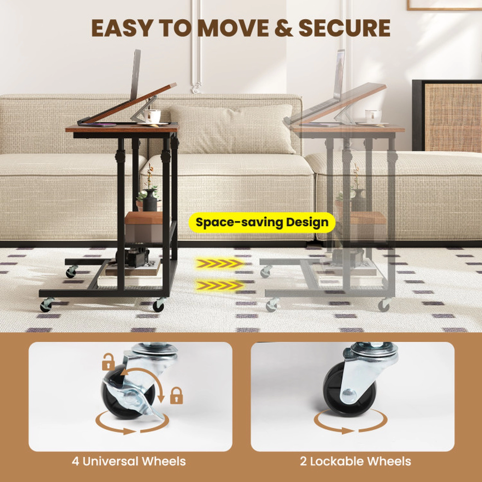 SUGIFT Rustic Brown Mobile Adjustable Standing Desk with Tilting Top and Mesh Shelves