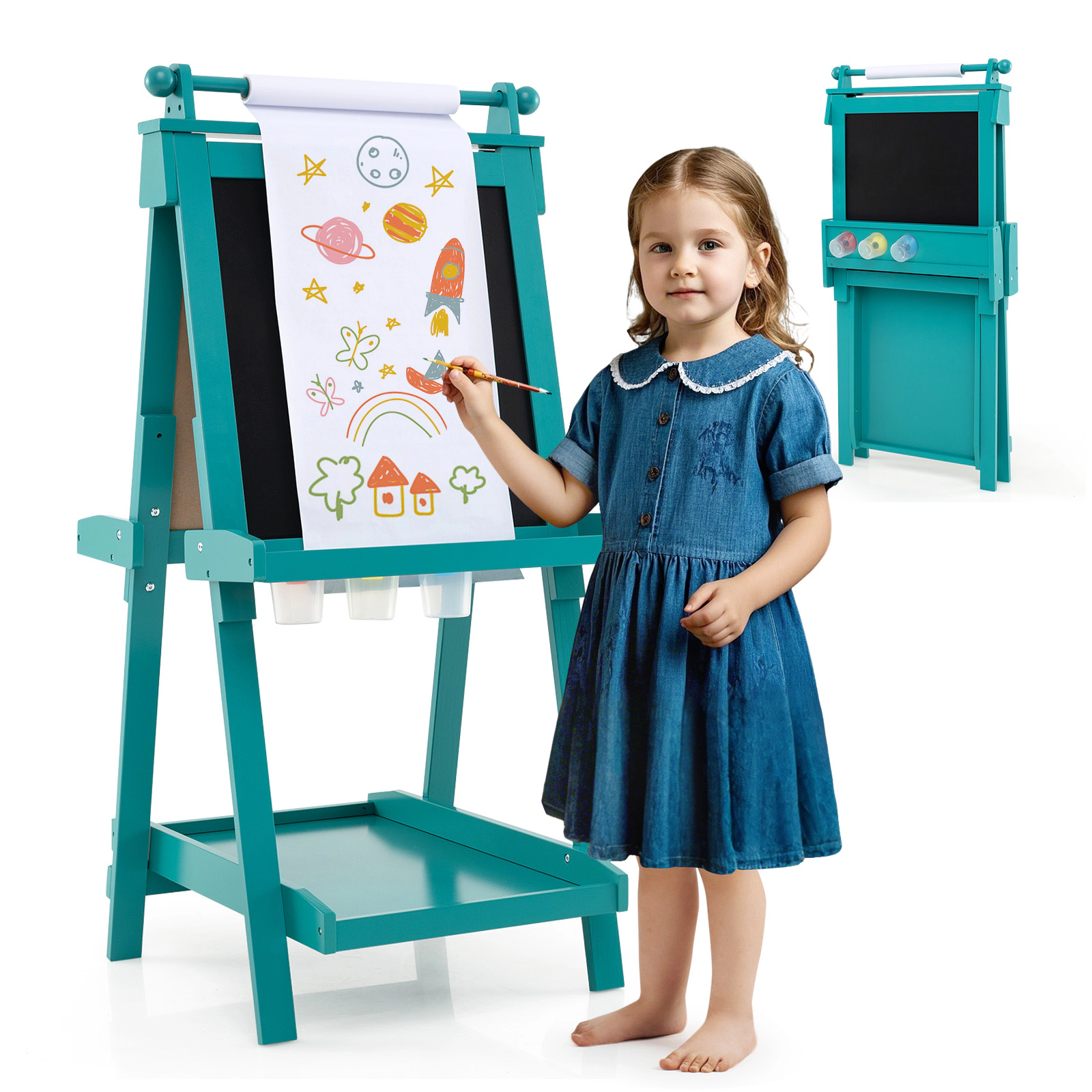 3-in-1 Double-Sided Chalkboard Easel for Kids Easy-Erase Magnetic Whiteboard 16.4-ft Replaceable Paper Roll Green