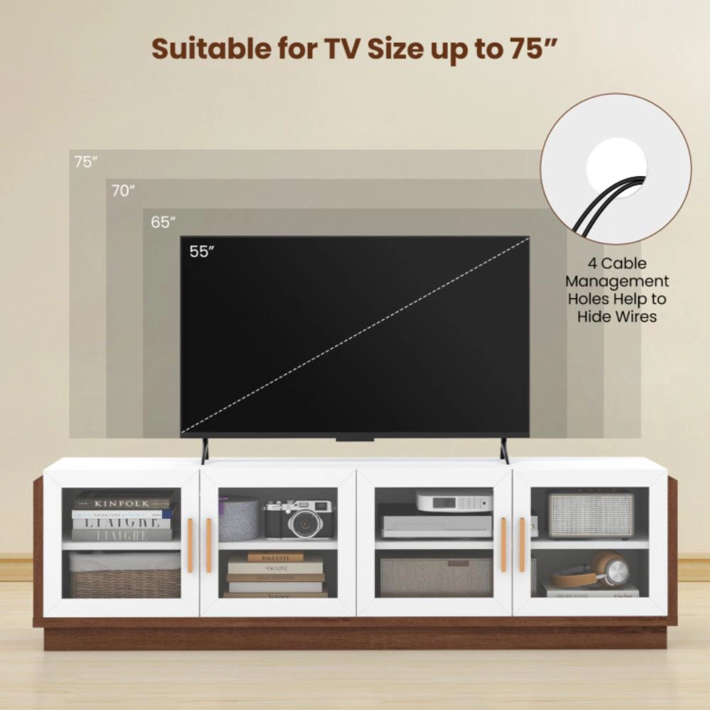 Hivvago Large Tv Stand For Tvs Up To 75 Inch With 4 Tempered Glass Doors For Living Room-White