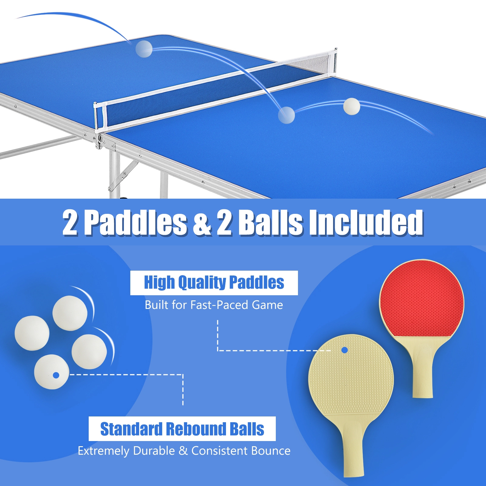 SUGIFT Blue Portable Folding Ping Pong Table with 2 Paddles Net and Built-In Handles 60-in W 30-in D 30-in H