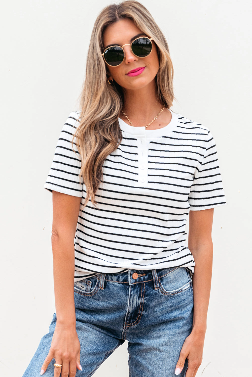 Threaded Pear Women's Marleigh Stripe Textured Buttoned Henley Top