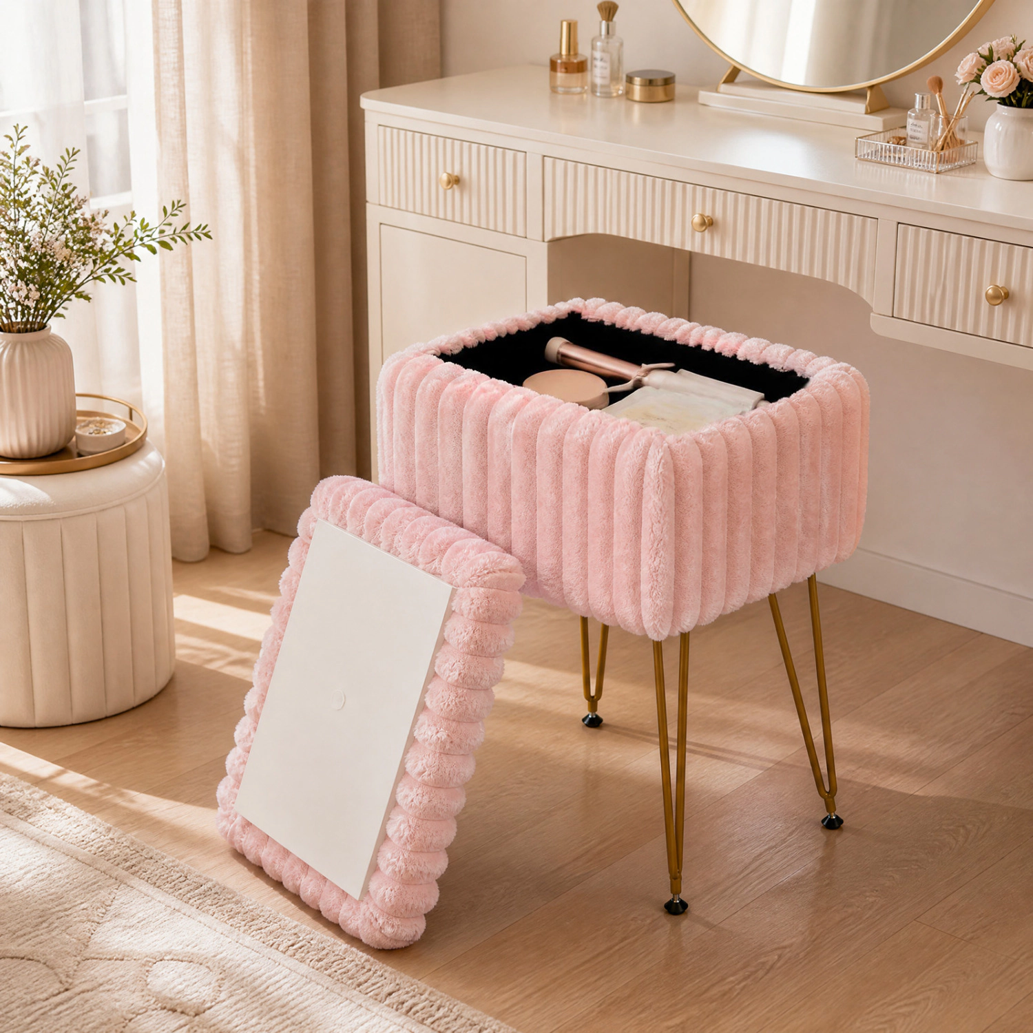 LJG Vanity Stool with Storage and Reversible Lid Faux Fur Upholstered Ottoman