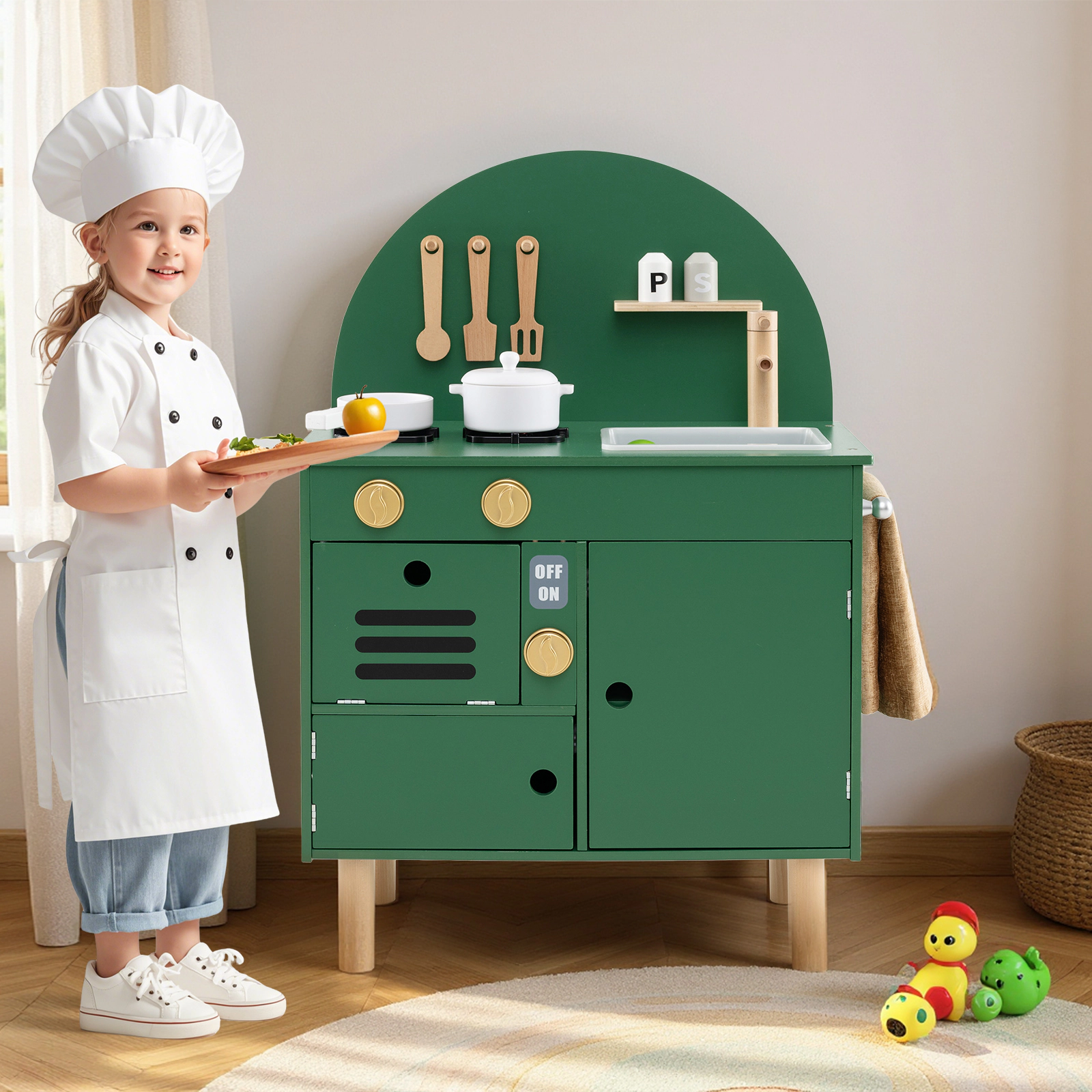 SUGIFT Kids Wooden Play Kitchen 22.5 Playset with Stoves Sink Microwave and Oven