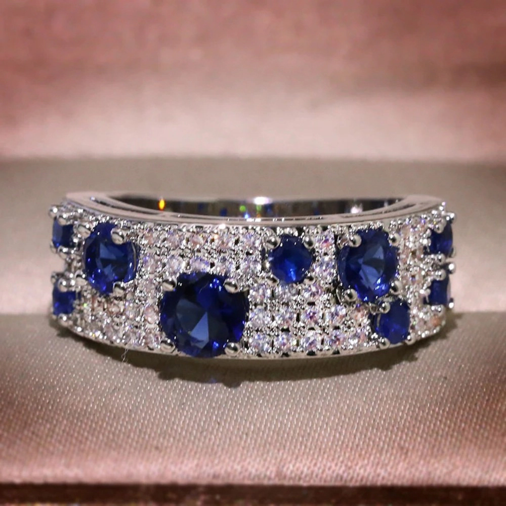 Wardrobe Whimsy Oval Blue Cubic Zirconia Wide Band Ring Elegant Stackable Statement Ring for Women