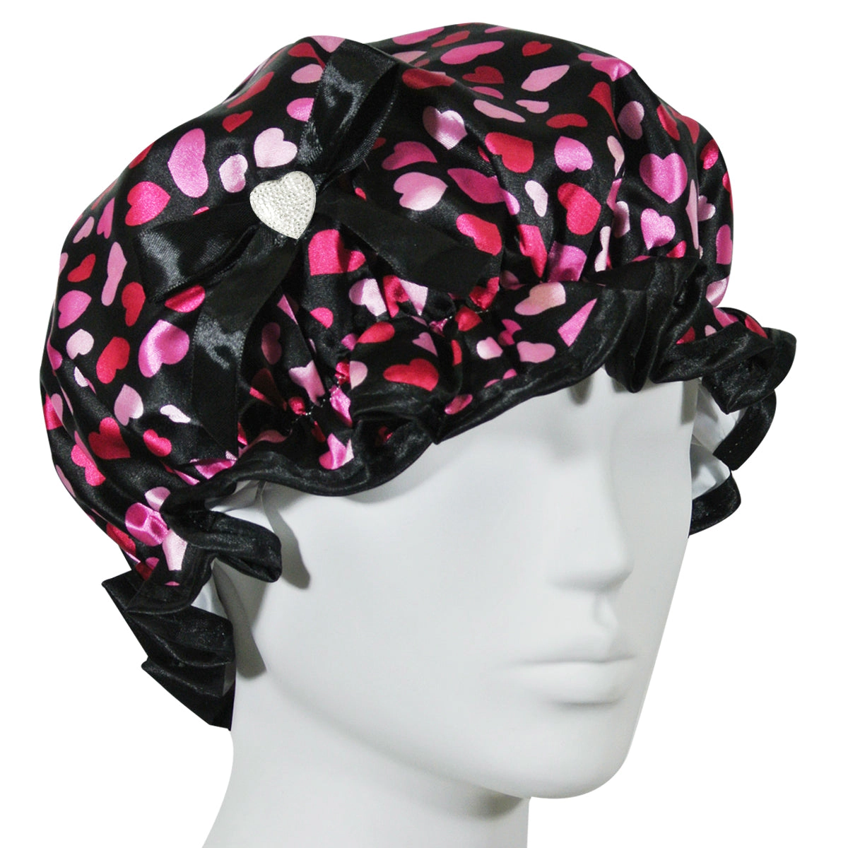 Wrapables Women's Stylish Satin Shower Cap, Hearts & Black Bow