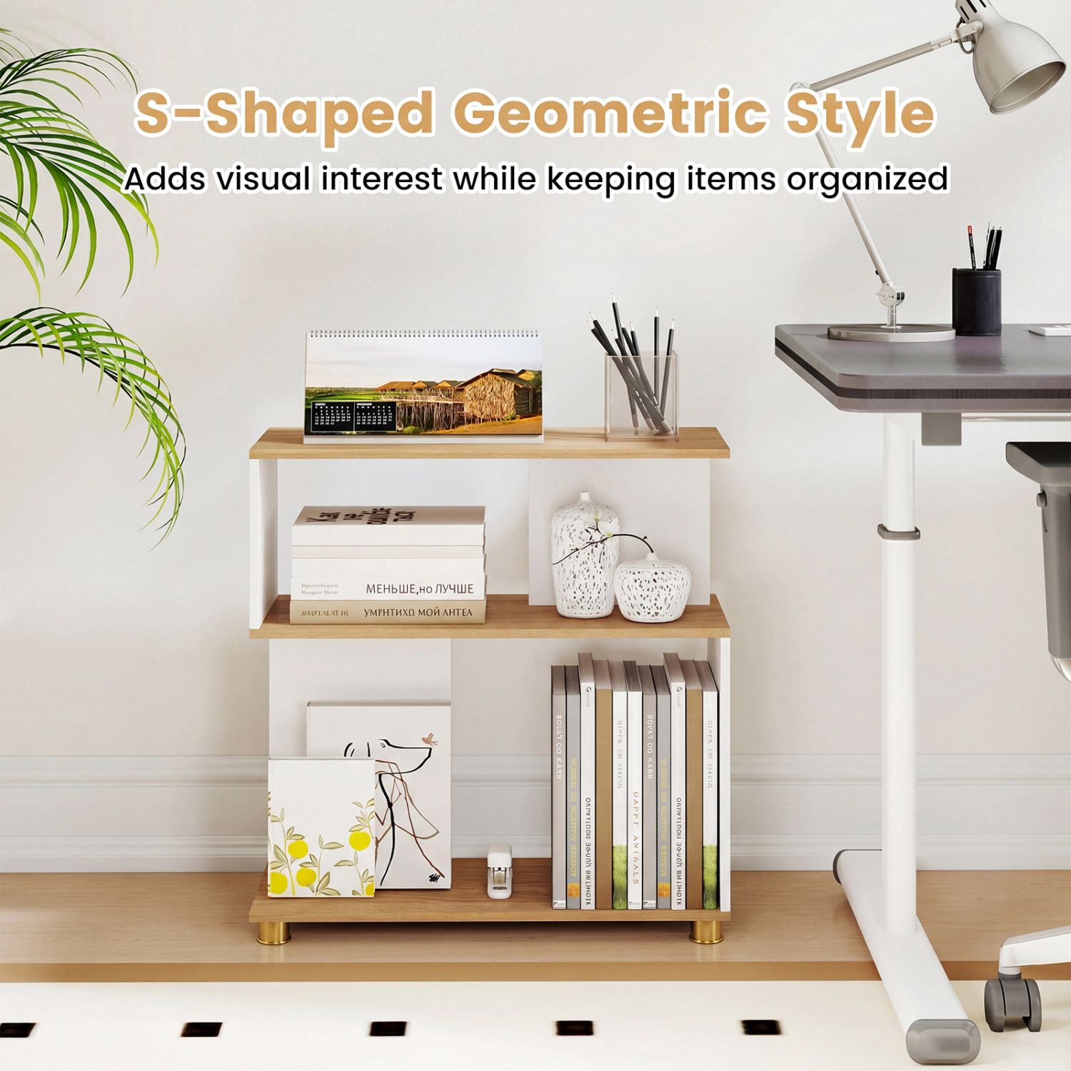 Hivvago S Curve Bookshelf with Open Shelves and Adjustable Feet
