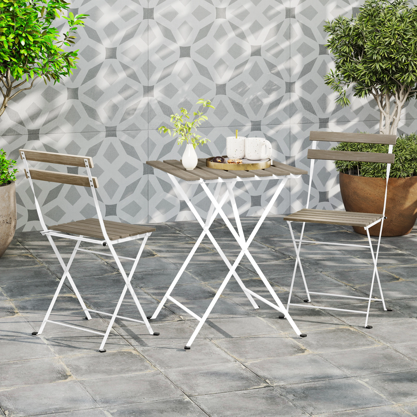 LJG 3 Piece Patio Acacia Wood Bistro Set with Slatted Seat and Tabletop