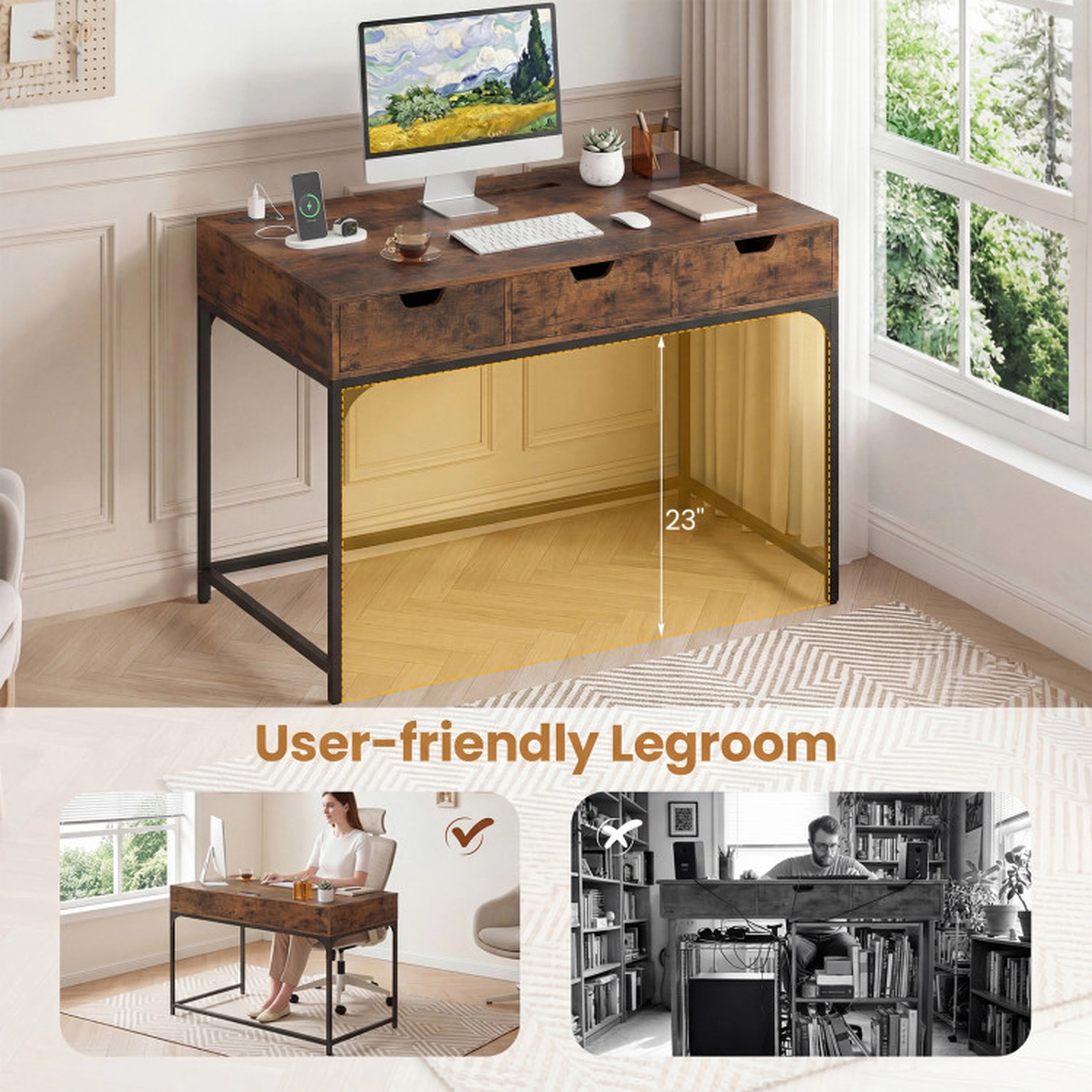 SUGIFT Rustic Brown Power Outlets 3 Drawers and Hidden Storage Compartment 43.5 Inch Office Desk
