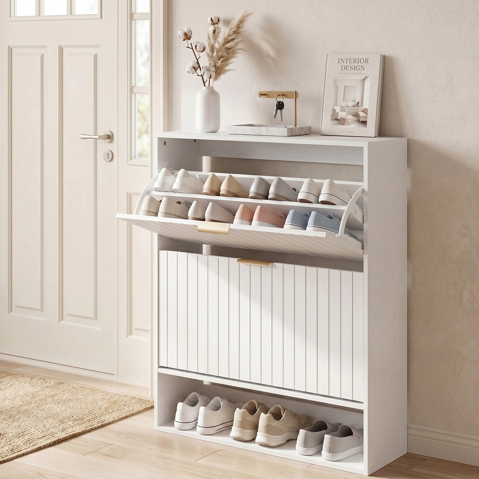SUGIFT White 9.5-in Slim Fluted Shoe Cabinet with 2 Flip Drawers and Hidden Shoe Storage for Hallway
