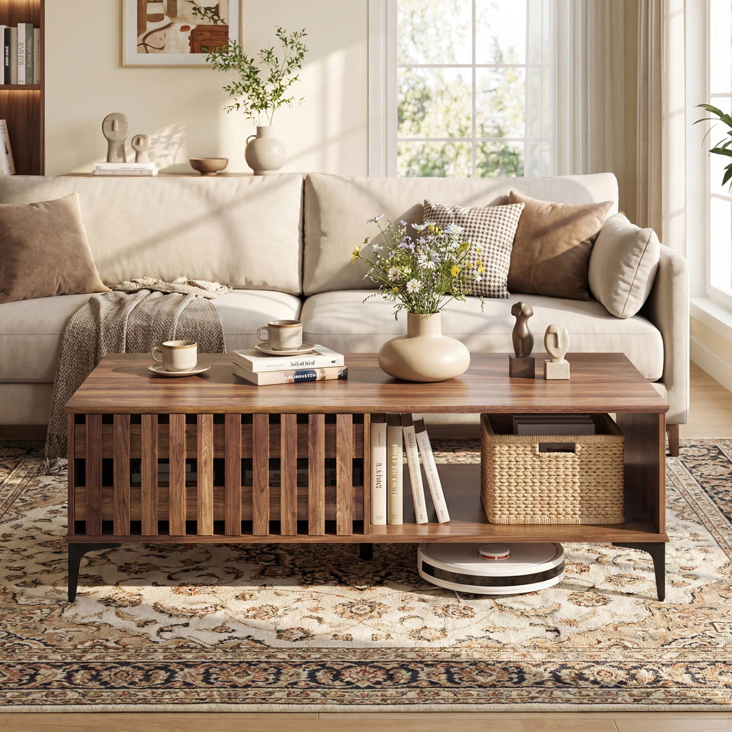 LJG 47 Inches Mid Century Coffee Table Farmhouse Wooden Center Table