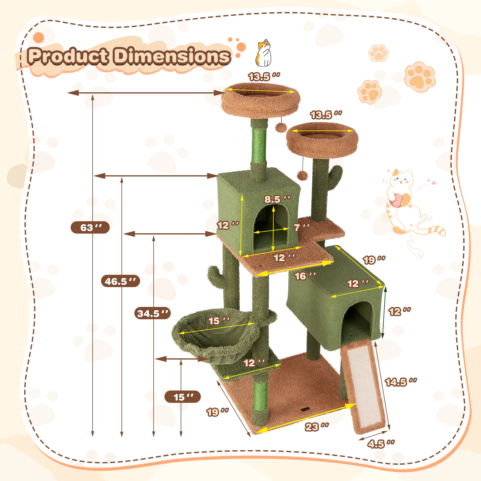 SUGIFT Multi-level Cactus Cat Tree with Scratching Posts Ladder Double Condos and Toys Bed 33-lb Capacity Green + Brown