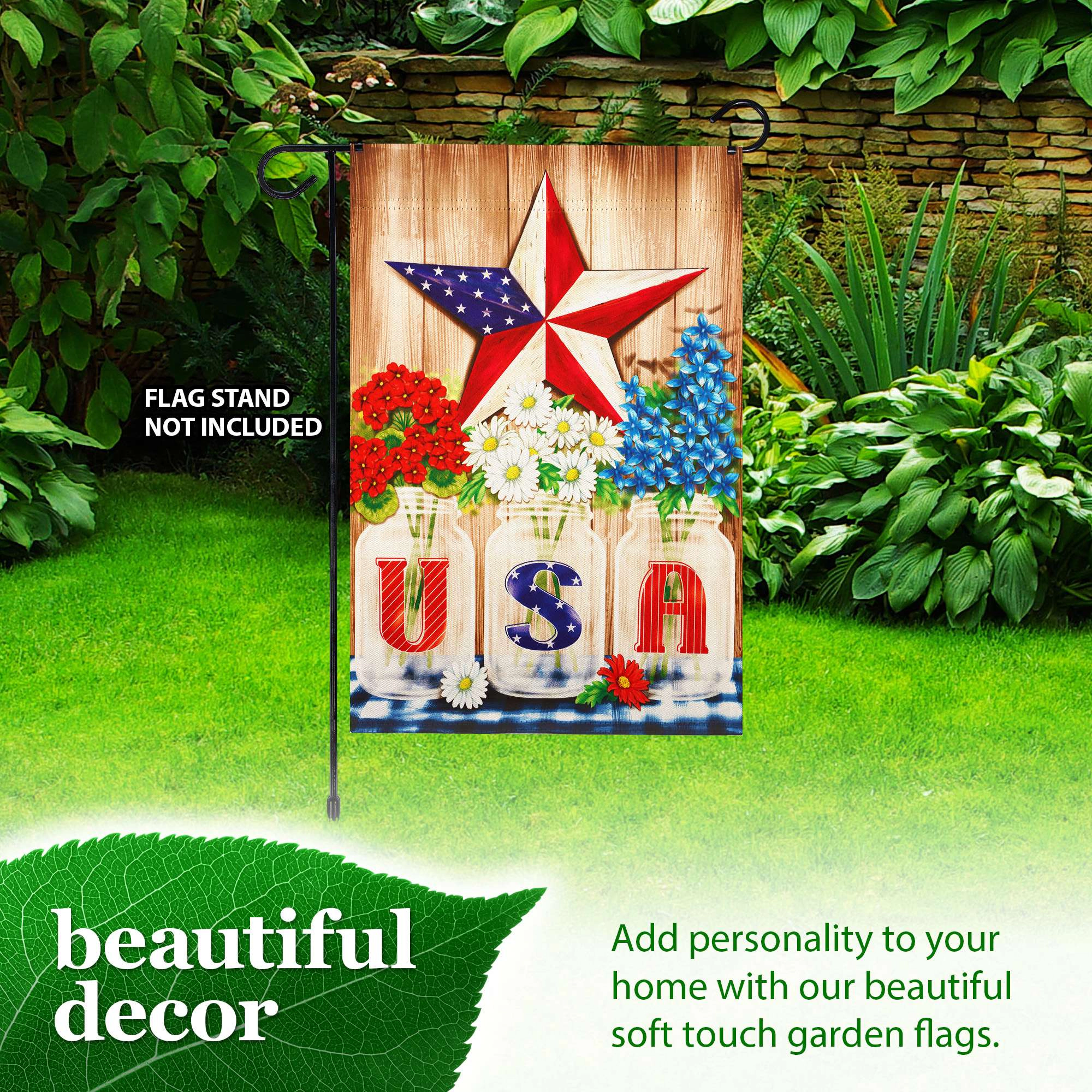 G128 USA Star Flowers Garden Flag 12x18 in Double-Sided Patriotic Yard Decoration