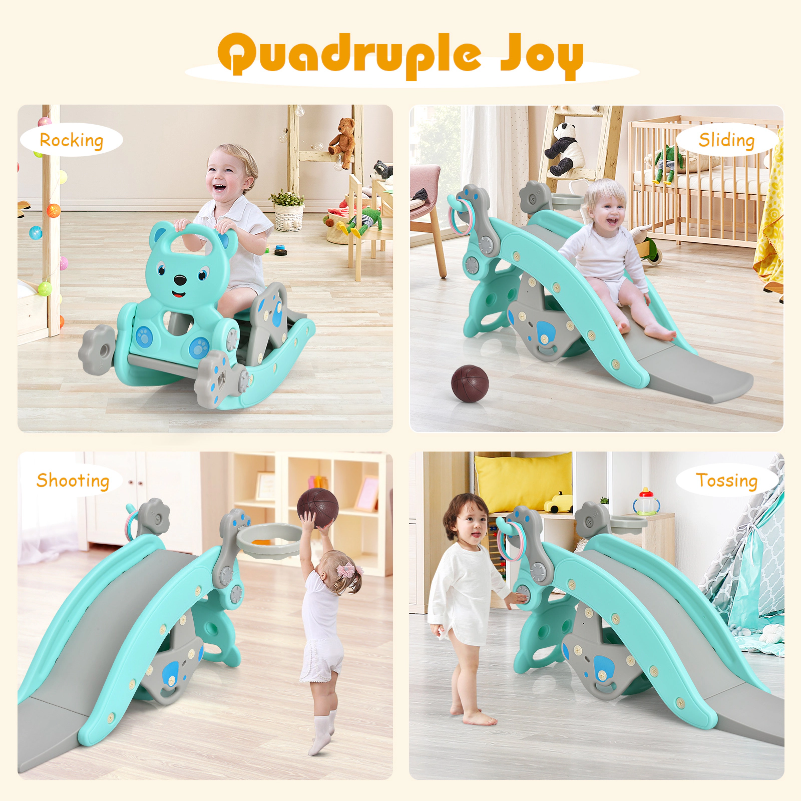 SUGIFT Toddler 4-in-1 Slide and Rocking Horse Playset with Basketball Hoop Ring Toss 41.5-in Long Pink