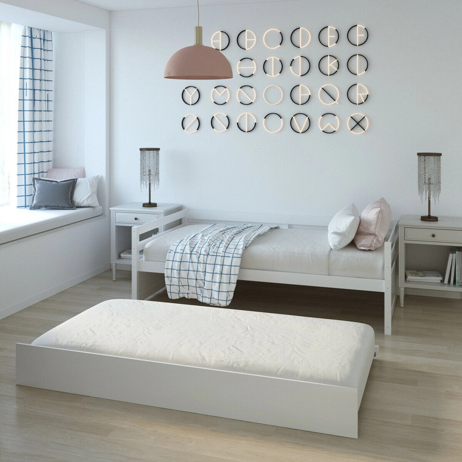 SUGIFT Twin Wood Daybed with Roll-Out Trundle, White Slatted Platform Frame