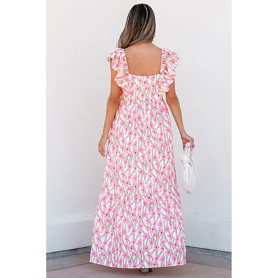 Threaded Pear Women's Angelica Floral Ruffled Strap Maxi Dress
