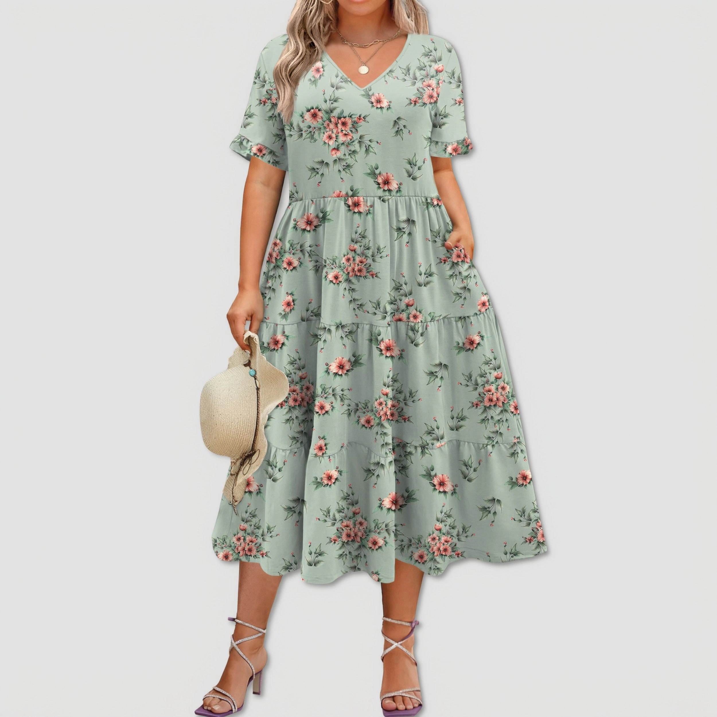 Zeagoo Women's V Neck Short Sleeve Midi Dress