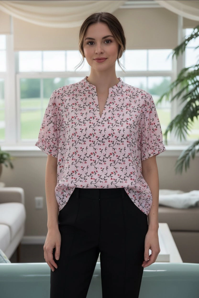 DressAtR Women's Floral Print Split Neck Elbow Sleeve Pullover Blouse