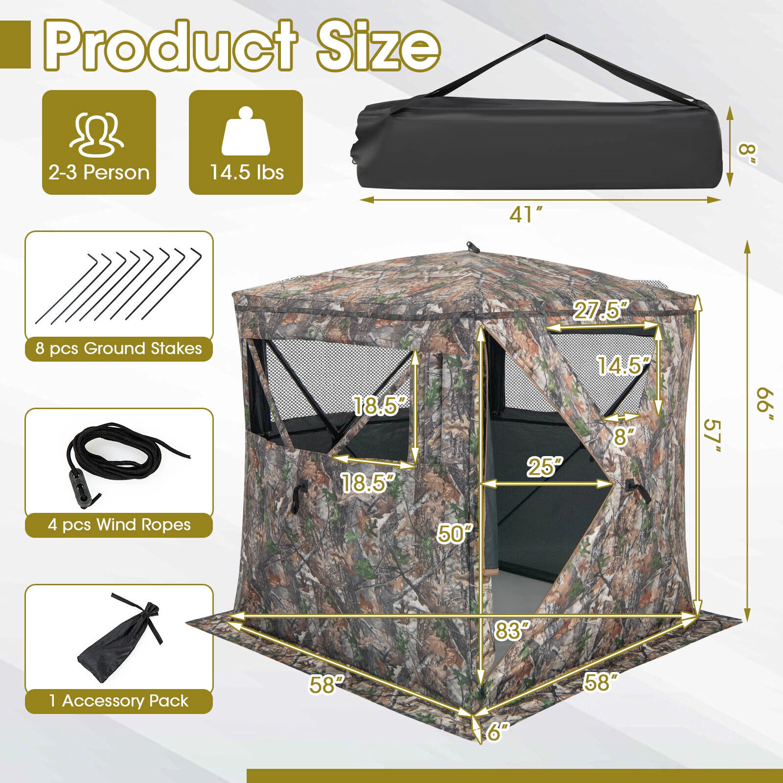 SUGIFT 2-3 Person Pop Up Hunting Blind Ground Tent with Triangle Windows Carry Bag and Storage Pocket Camouflage