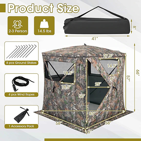 SUGIFT 2-3 Person Pop Up Hunting Blind Ground Tent with Triangle Windows Carry Bag and Storage Pocket Camouflage