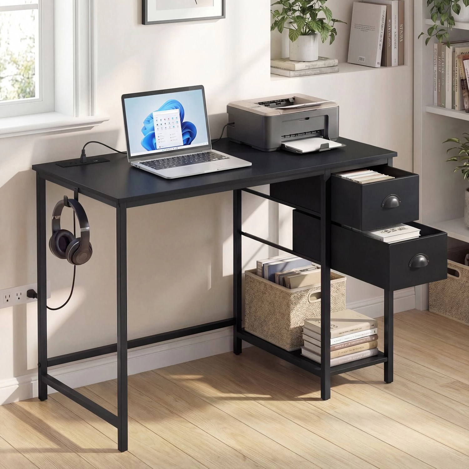 SlickBlue Home Office Desk with Charging Station and Storage Drawers