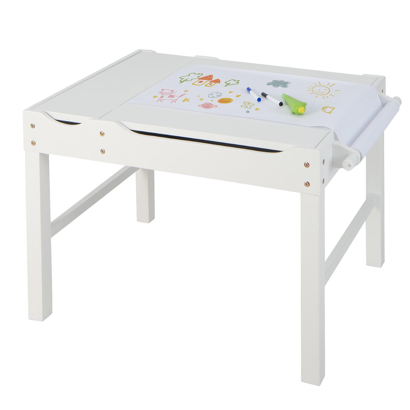 SUGIFT Wooden Kids Multi Activity Play Table with Double-Sided Tops Storage and 9.8-ft Paper Roll Ages 3+ Natural White