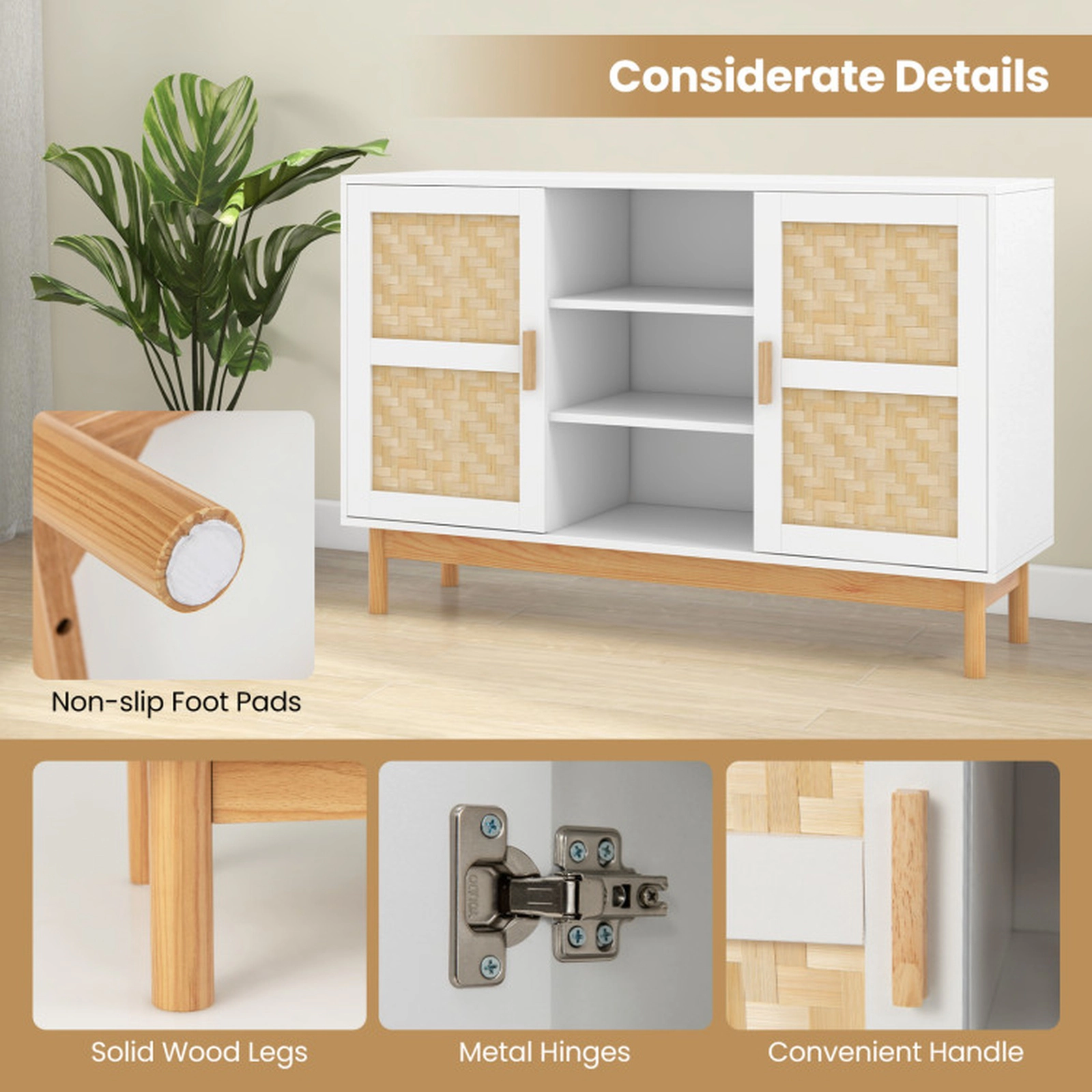 SUGIFT 2 Bamboo Woven Doors 3 Open Shelves Wood Legs Sideboard Cabinet 48-in x 14-in x 31-in 310-lb Capacity White