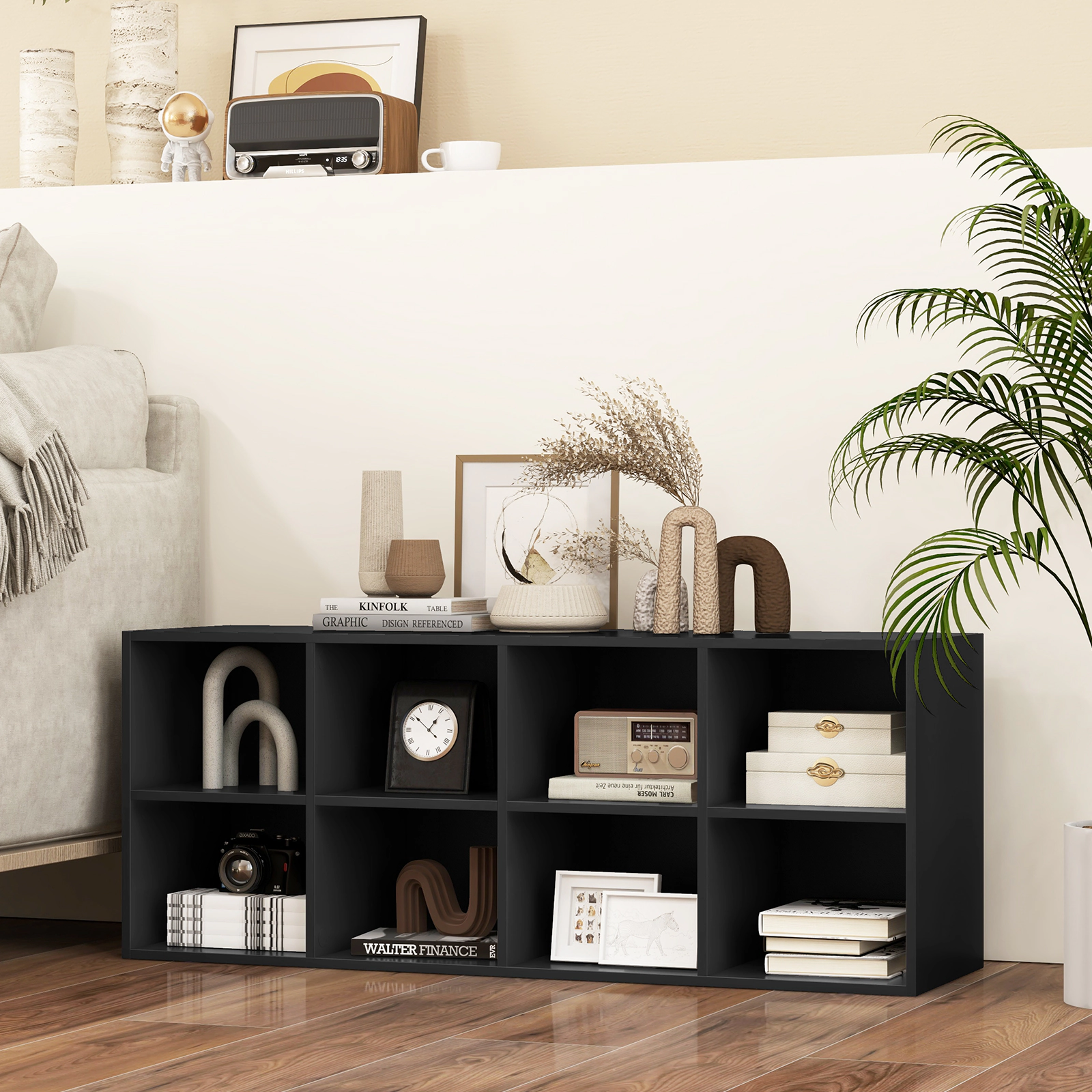 SUGIFT 8-Cubby Engineered Wood Shoe Organizer 500-lb Capacity 40-in Wide 9.5 x 11 x 7 in Cubbies Black/Gray/White