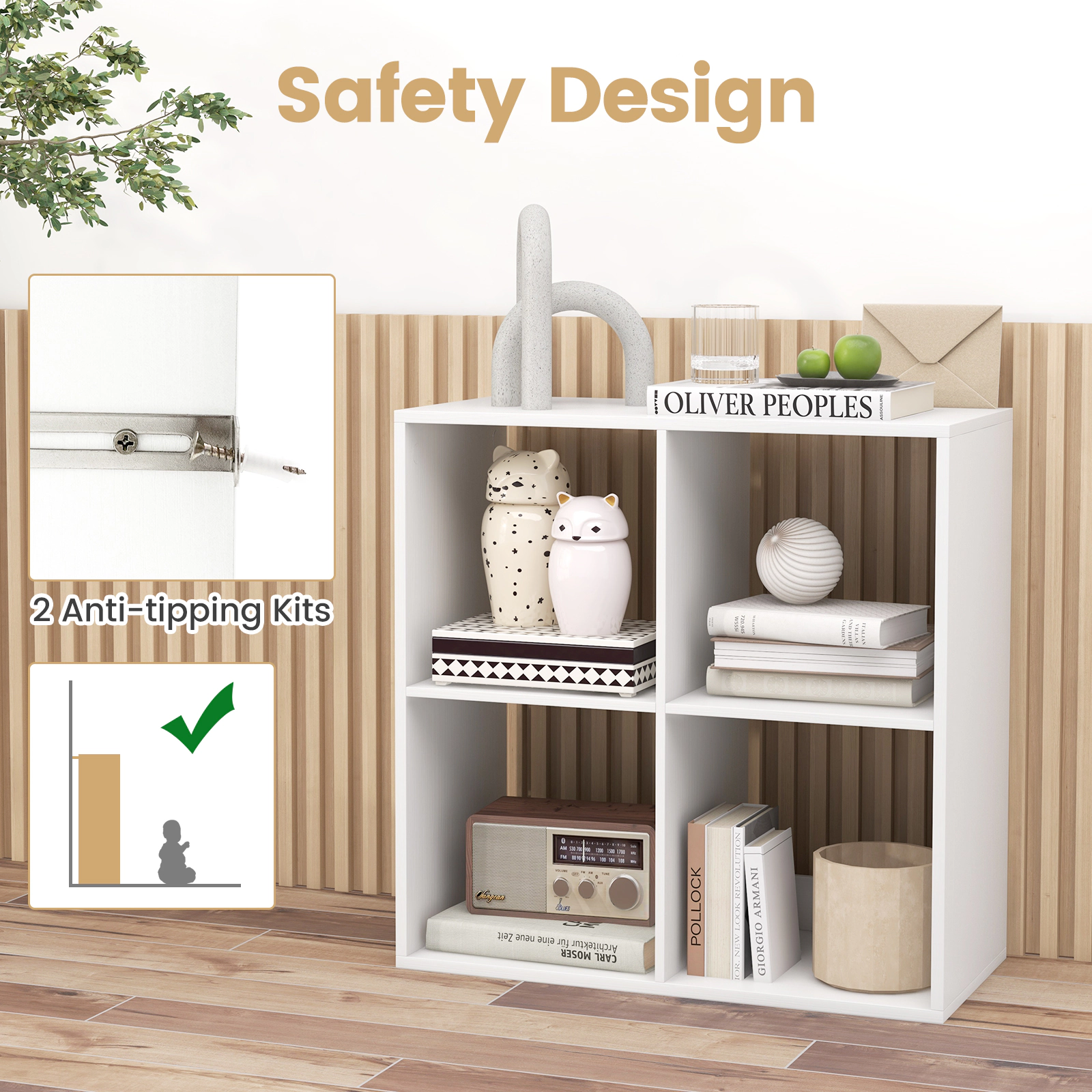 SUGIFT 4-Cube Engineered Wood Bookshelf with Back Guardrail 100-lb Tabletop Capacity 22-lb Cubes 27.5-in Frame White