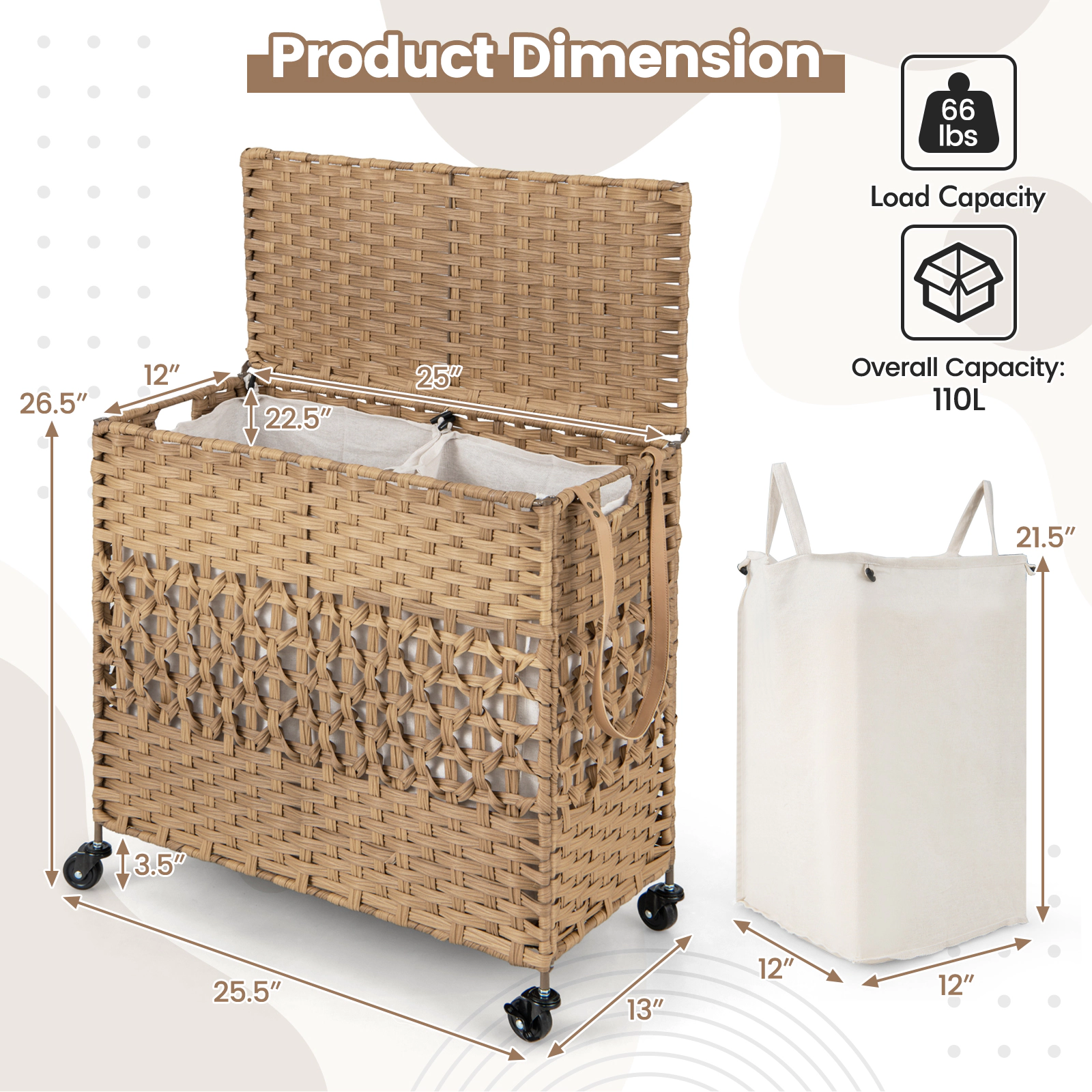 SUGIFT Natural 110L 2-Section Rolling Laundry Hamper with 4 Wheels 2 Removable Liners and Flip-Up Lid