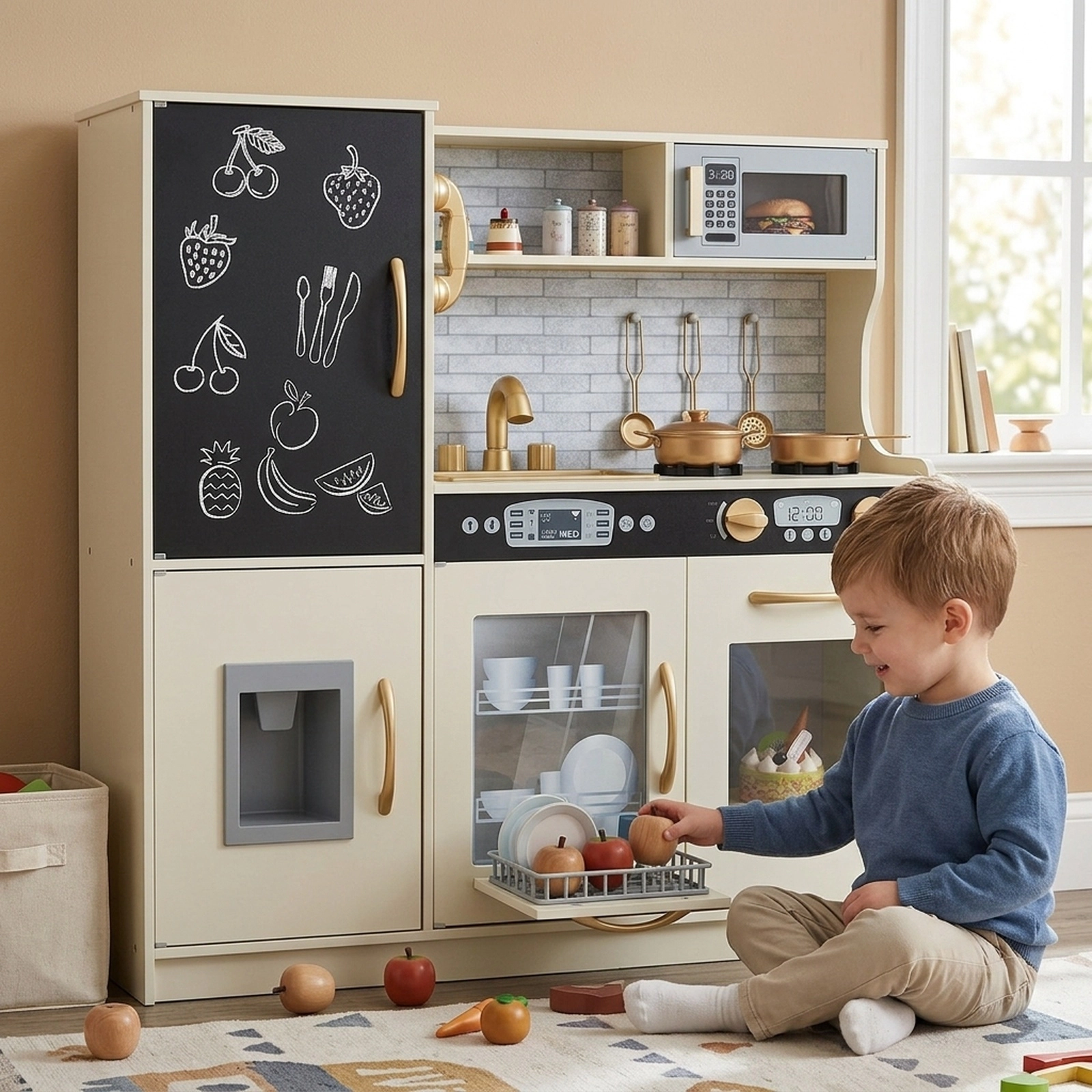 Pretend Play Kitchen Simulated Microwave Dishwasher Ice Maker Oven 32-in Toy Kitchen Playset Ages 3-6 Cream White