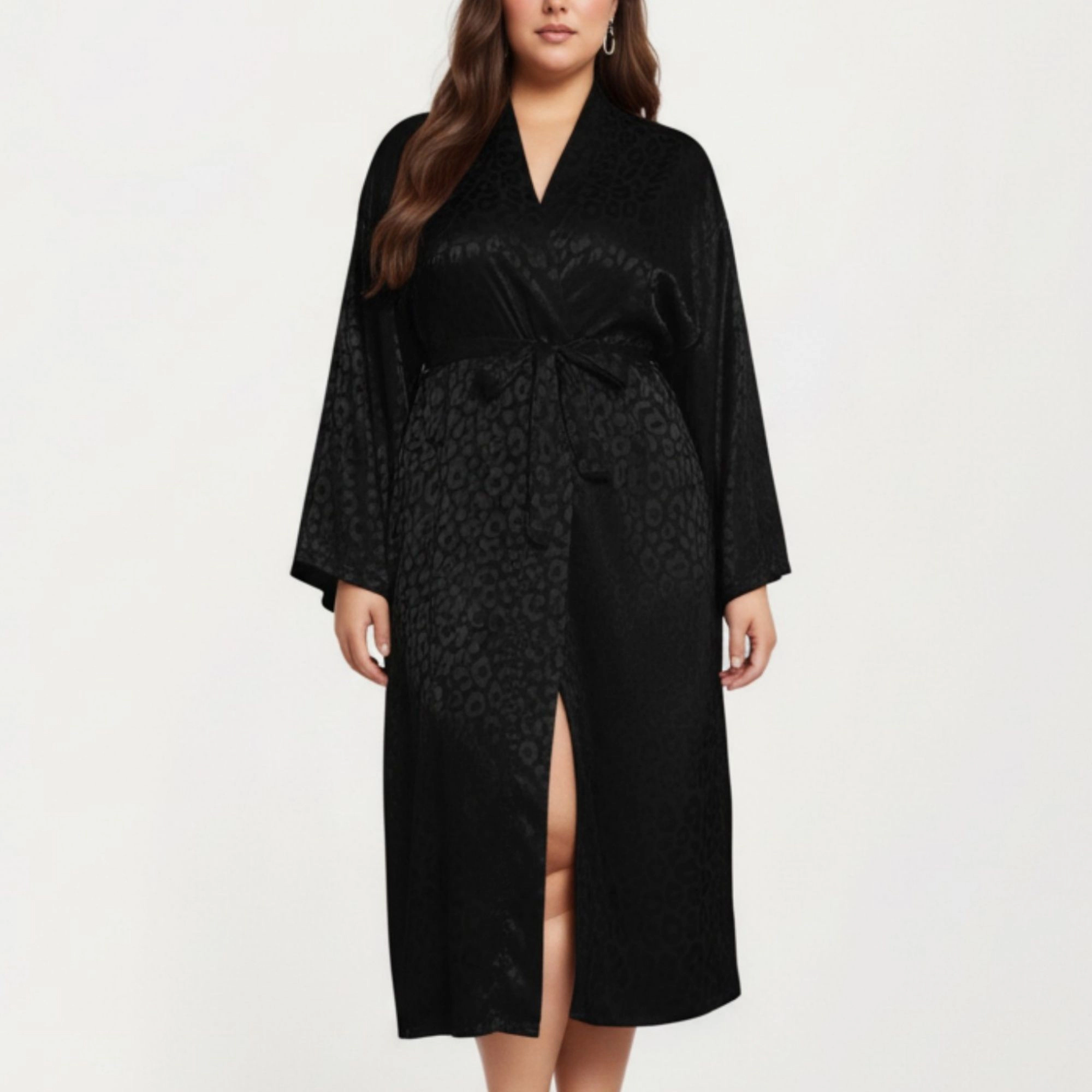 Anna-Kaci Women's Satin Jacquard Leopard Pattern Robe Waist Tie Silky Fabric Wide Sleeves and Longline Silhouette