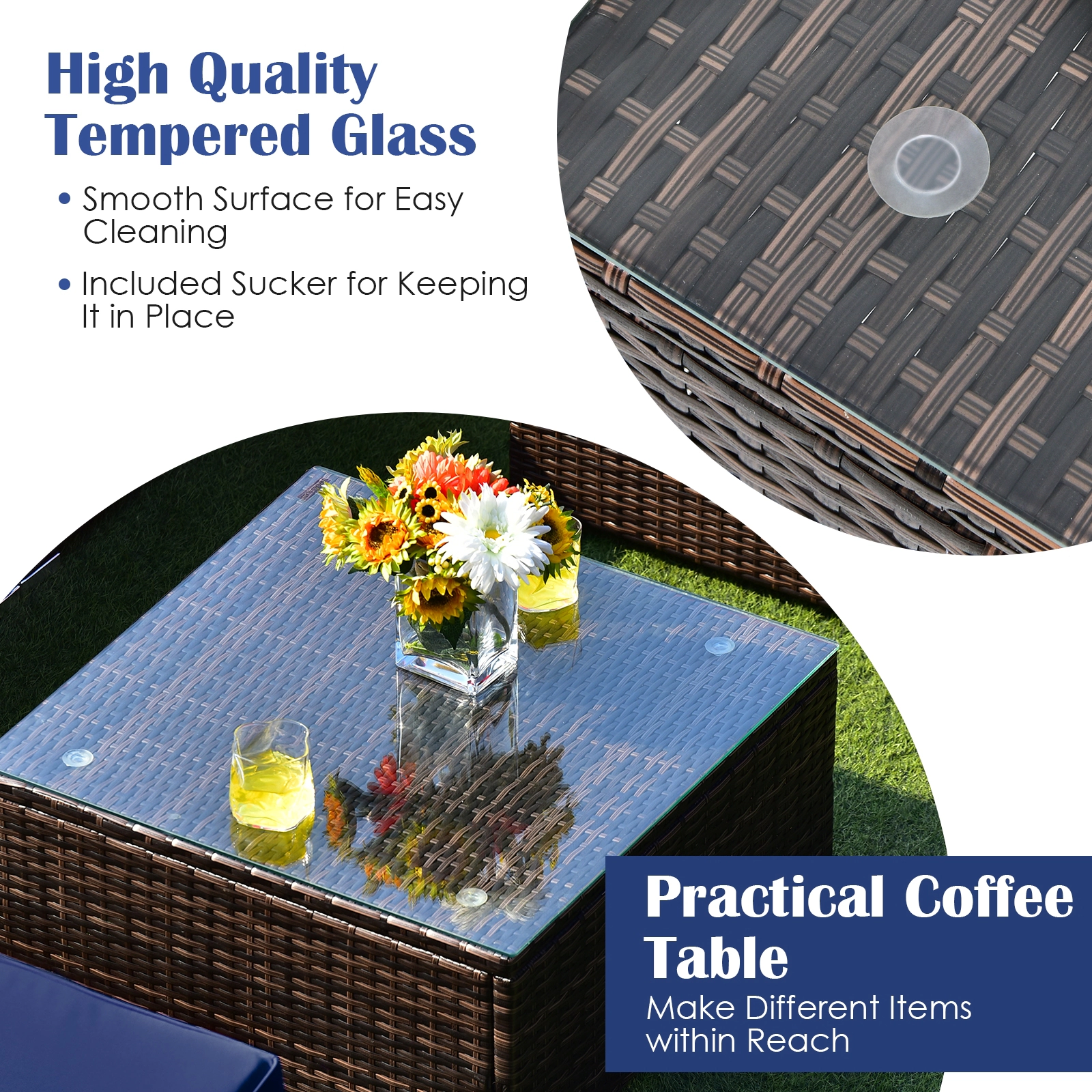 SUGIFT 6-Piece Navy Patio Wicker Sectional Set with 25.5-in Glass Coffee Table 12.5-in Seat H 400-lb Sofa Capacity